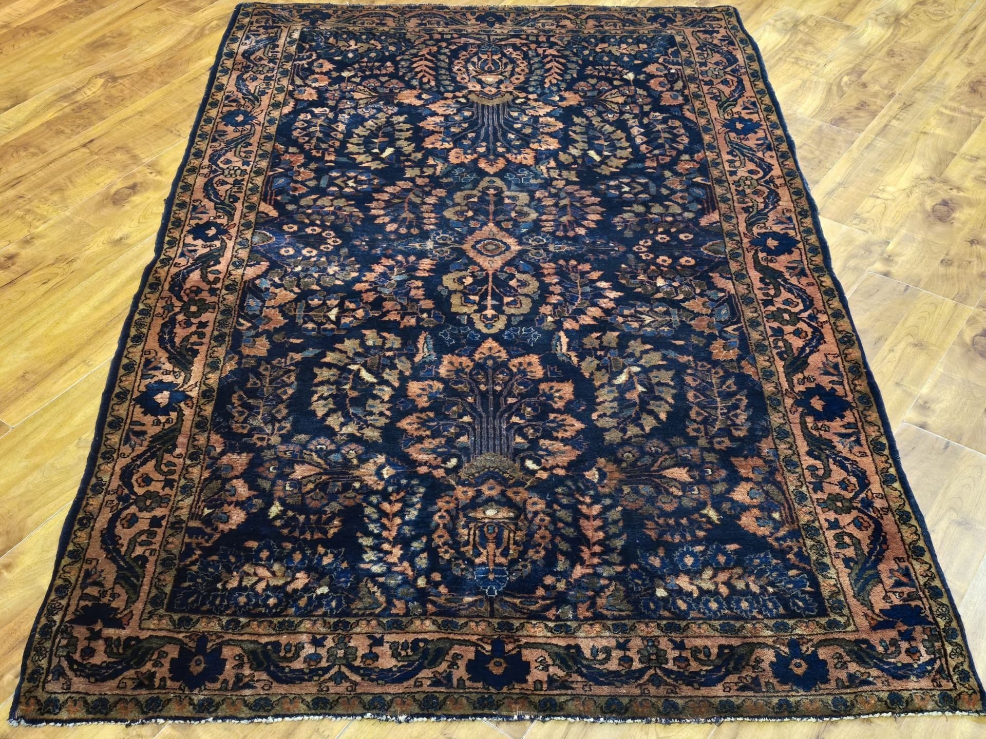 Dywan Ferahan 200x128 cm, niebieski pomarańczowy złoty brązowy czerwony, wełna, Iran, lata 30. - 396707