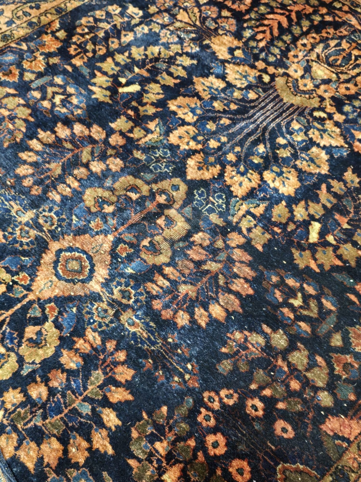 Dywan Ferahan 200x128 cm, niebieski pomarańczowy złoty brązowy czerwony, wełna, Iran, lata 30. - 396704