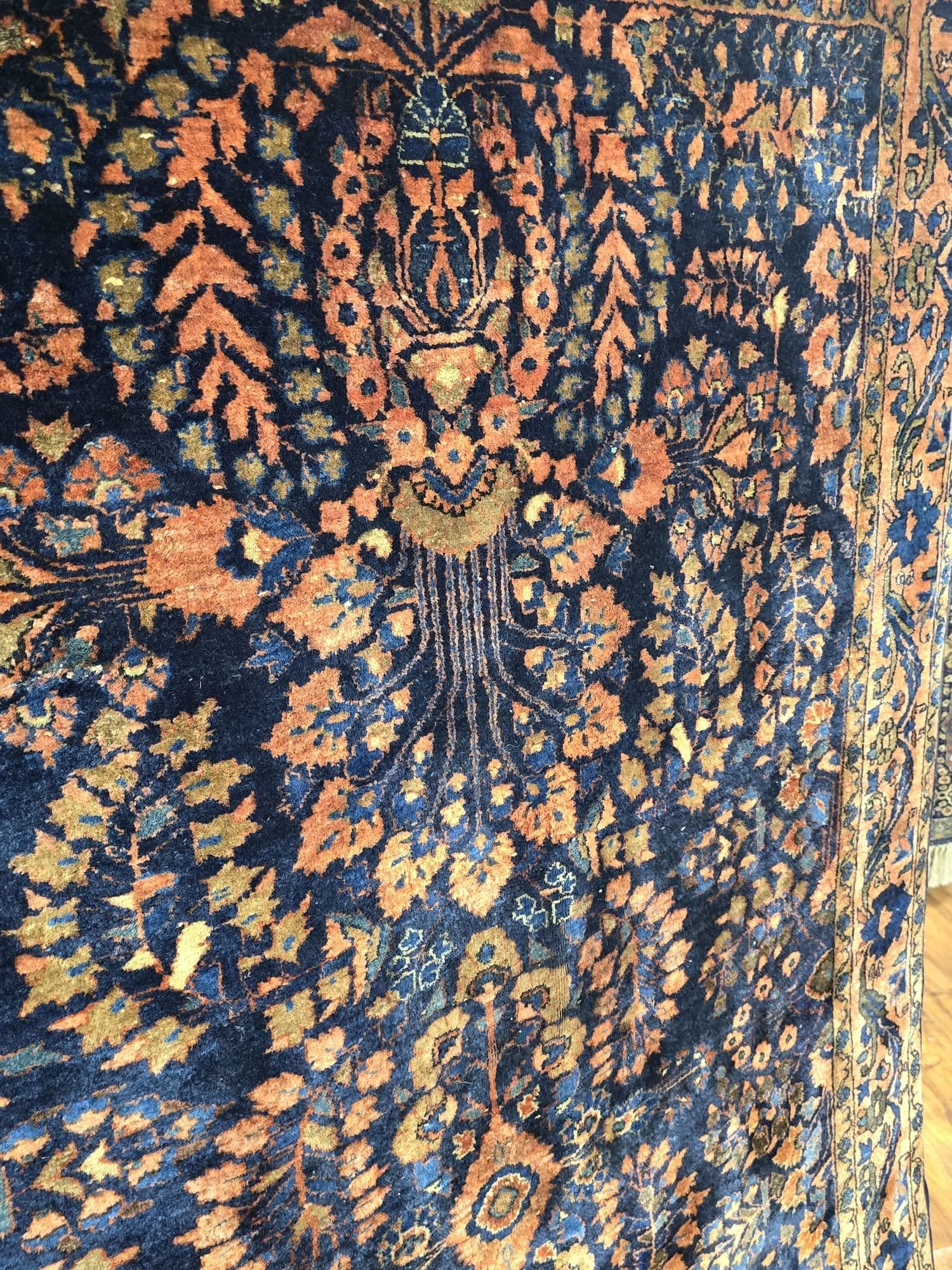Dywan Ferahan 200x128 cm, niebieski pomarańczowy złoty brązowy czerwony, wełna, Iran, lata 30. - 396702