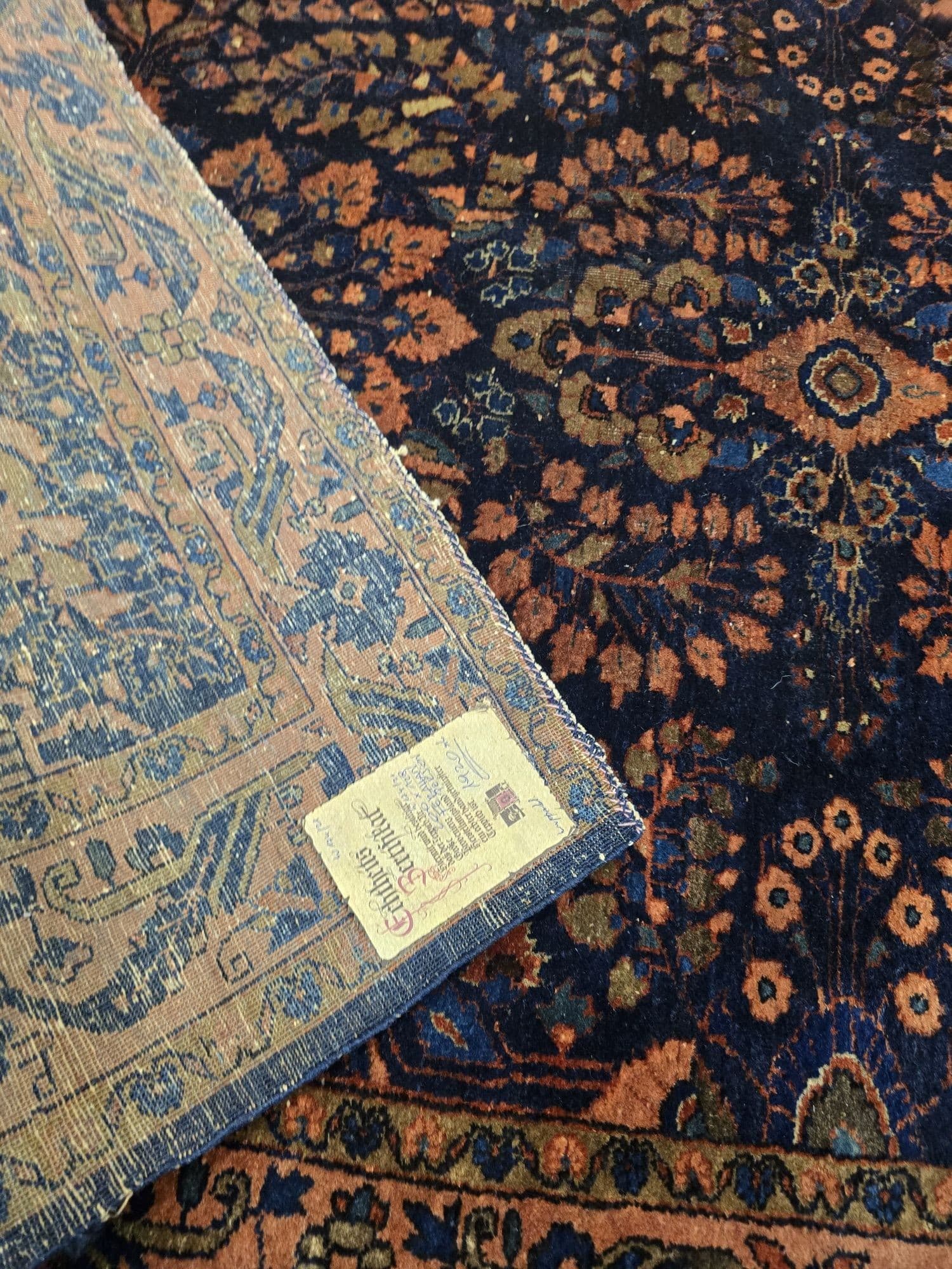 Dywan Ferahan 200x128 cm, niebieski pomarańczowy złoty brązowy czerwony, wełna, Iran, lata 30. - 396708