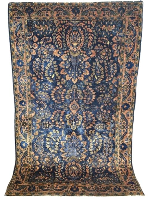 Dywan Ferahan 200x128 cm, niebieski pomarańczowy złoty brązowy czerwony, wełna, Iran, lata 30. - WYMIARY