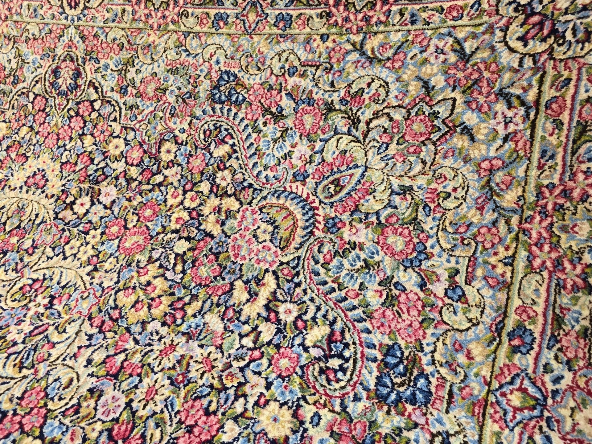 Dywan Kerman Laver, 385x295 cm, różowy czerwony niebieski beżowy zielony, wełna, Iran, XIX w. - 396778