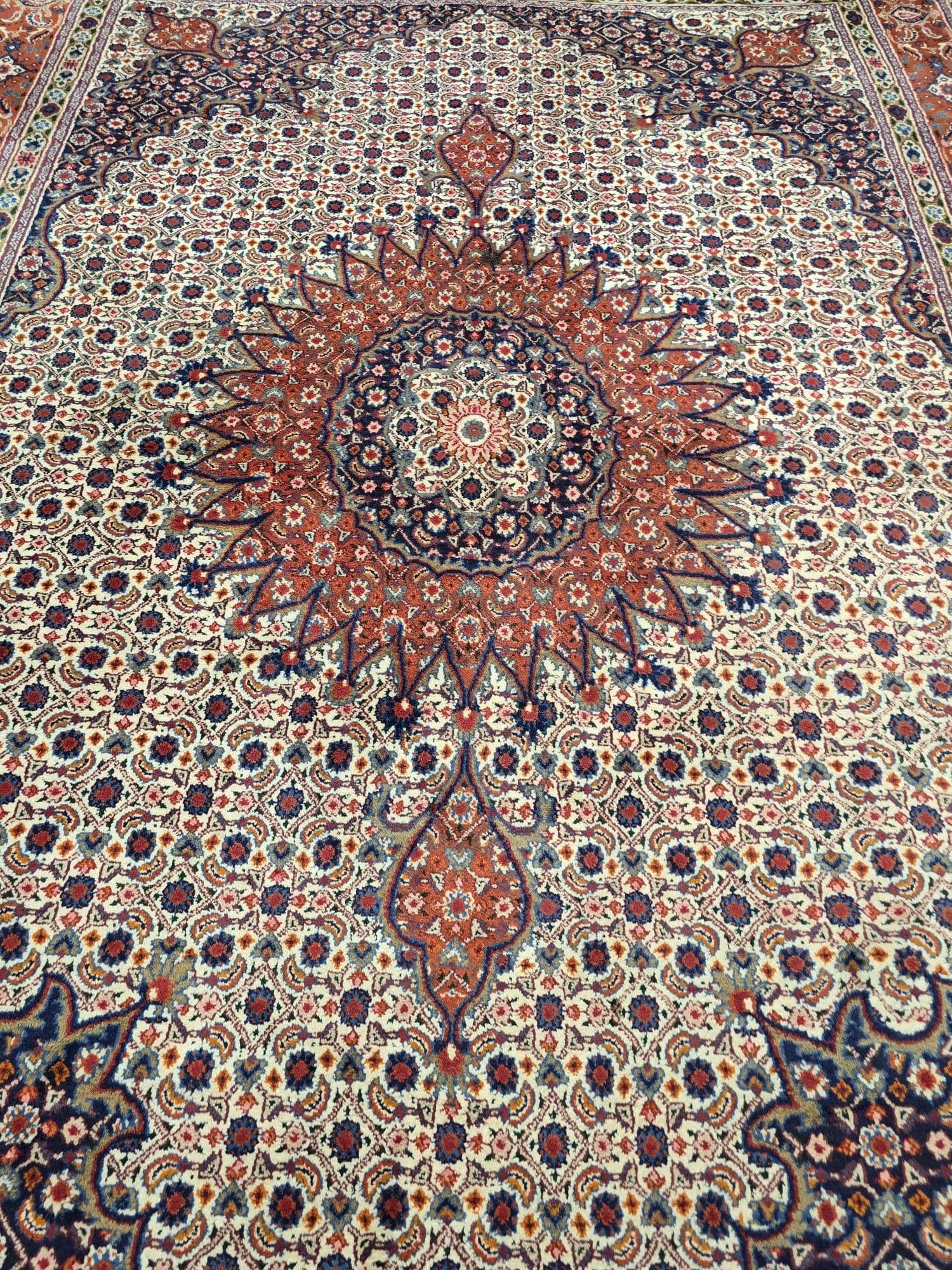 Dywan perski Moud, 215x305 cm, wełna kremowa granatowa terracotta, Iran, lata 70. - 396870