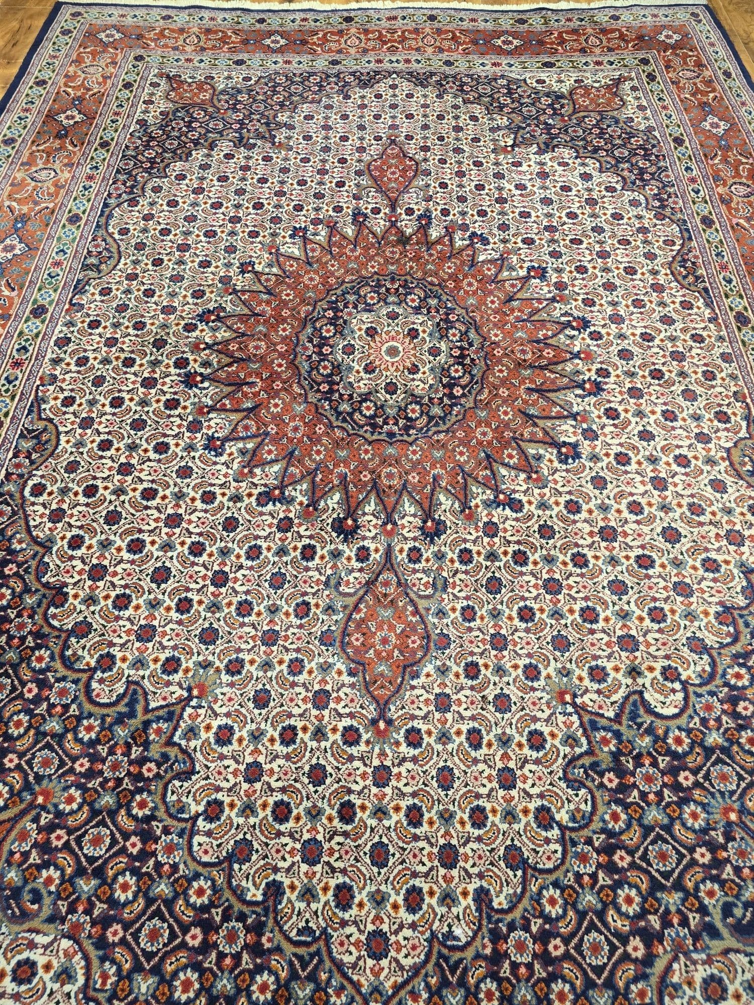 Dywan perski Moud, 215x305 cm, wełna kremowa granatowa terracotta, Iran, lata 70. - 396872