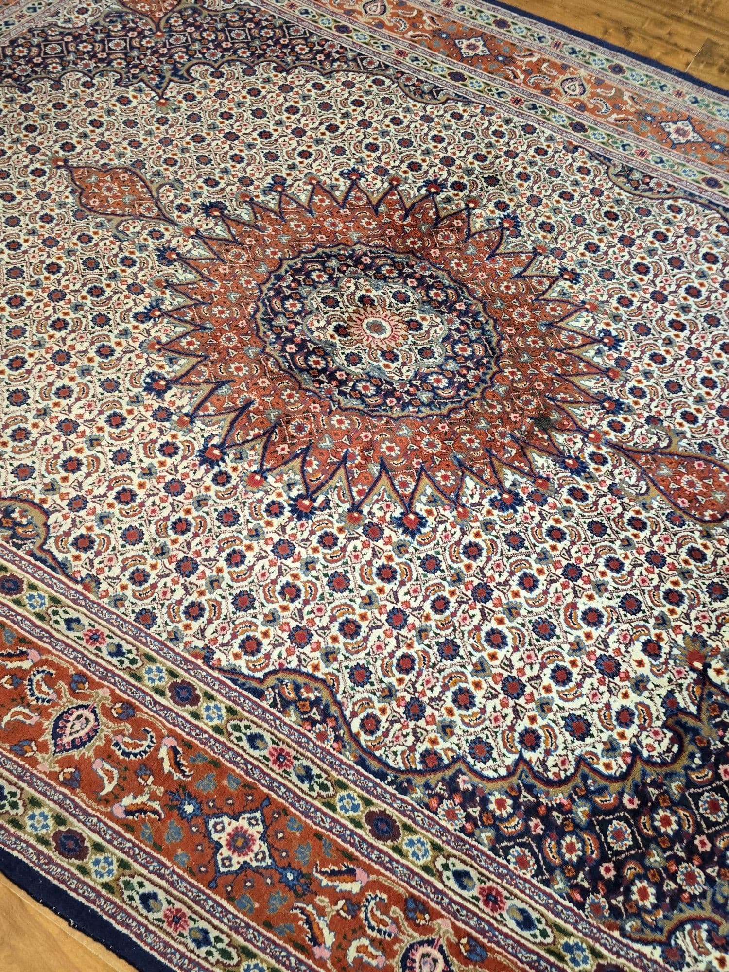 Dywan perski Moud, 215x305 cm, wełna kremowa granatowa terracotta, Iran, lata 70. - 396867