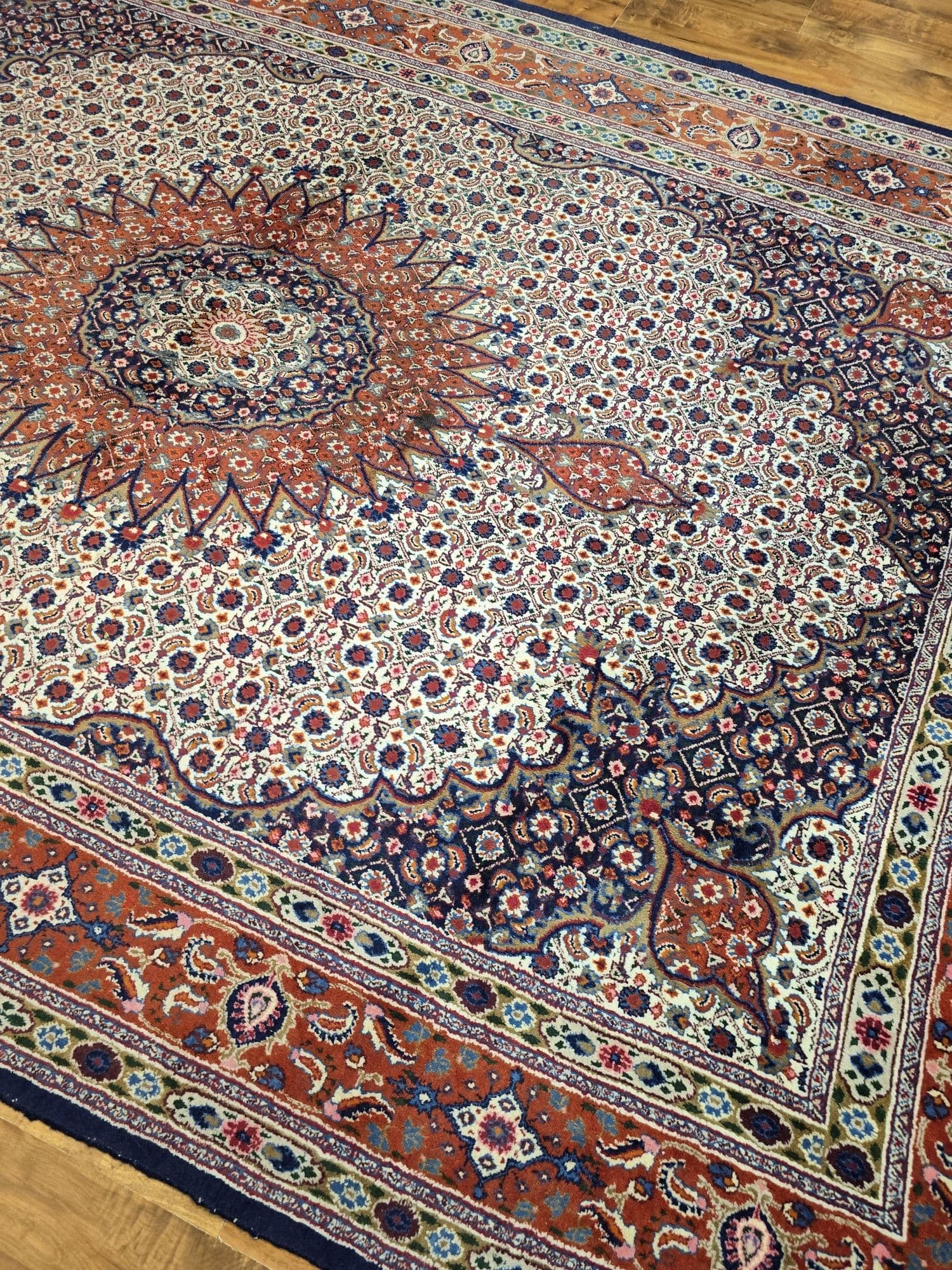 Dywan perski Moud, 215x305 cm, wełna kremowa granatowa terracotta, Iran, lata 70. - 396869