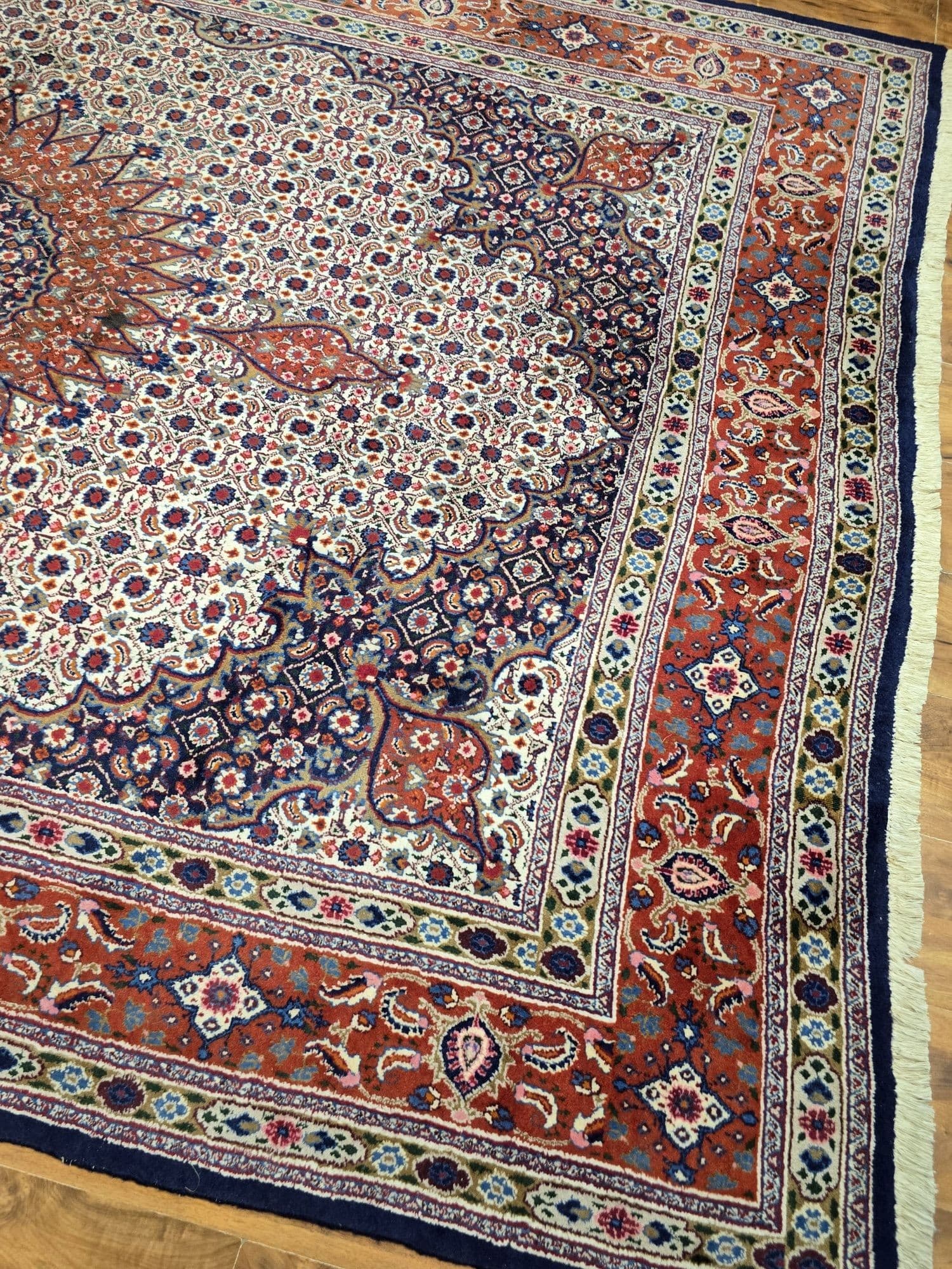 Dywan perski Moud, 215x305 cm, wełna kremowa granatowa terracotta, Iran, lata 70. - 396868