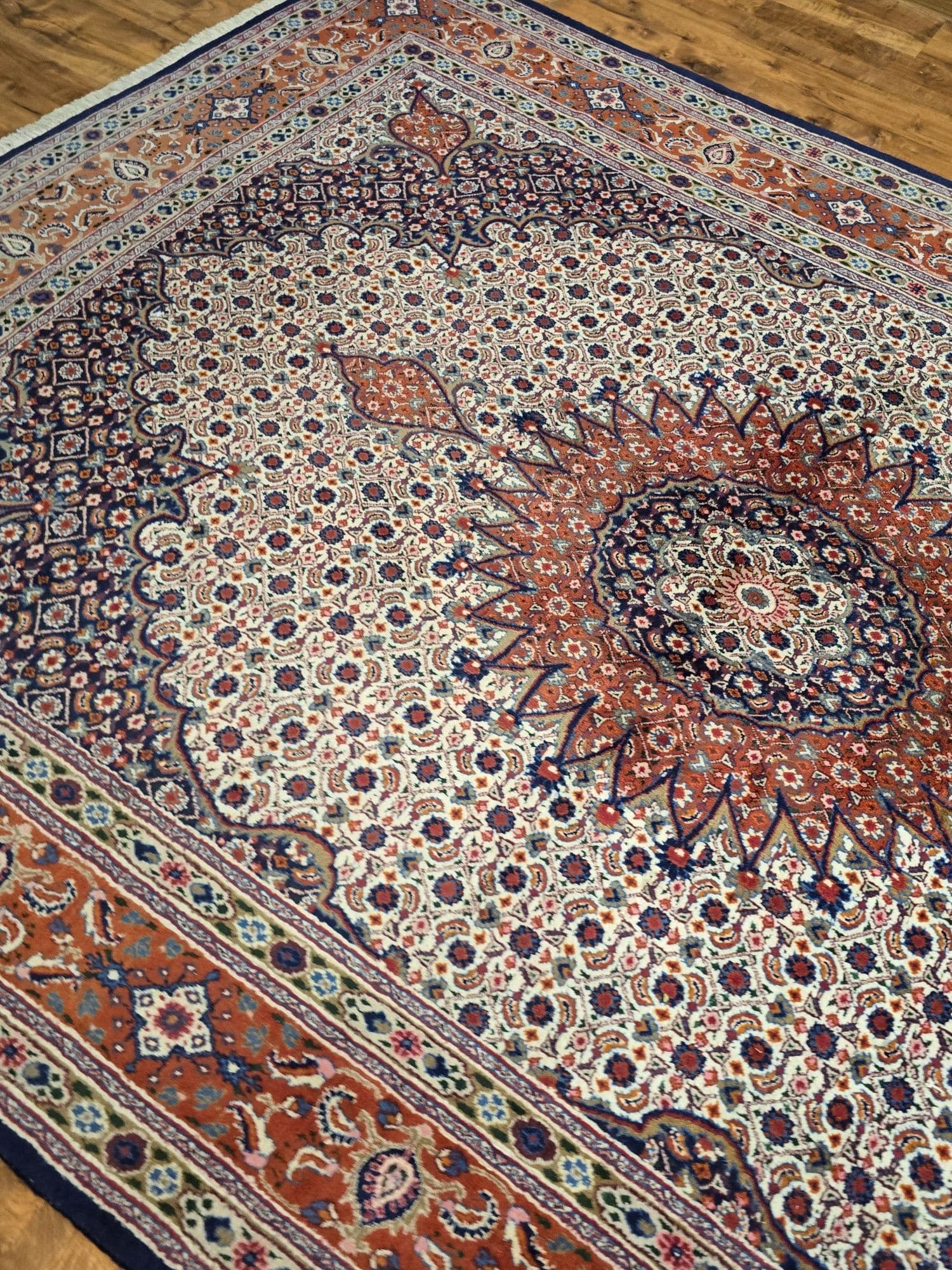 Dywan perski Moud, 215x305 cm, wełna kremowa granatowa terracotta, Iran, lata 70. - 396866