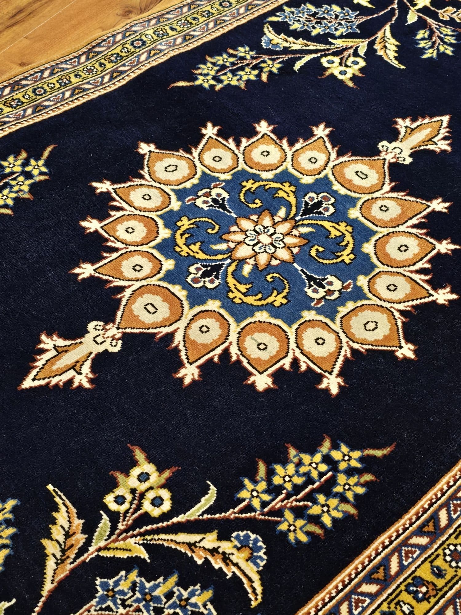 Dywan Qom 78x125 cm, niebieski złoty, wełna, Iran - 396939