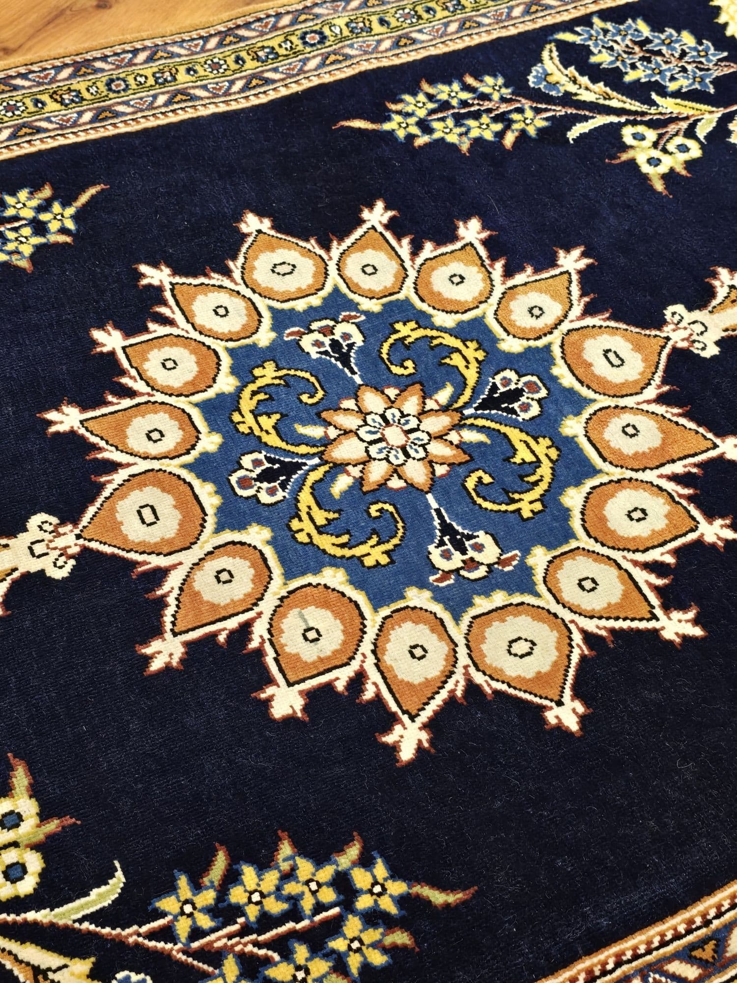 Dywan Qom 78x125 cm, niebieski złoty, wełna, Iran - 396944