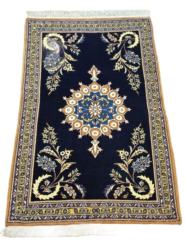 Dywan Qom 78x125 cm, niebieski złoty, wełna, Iran - WYMIARY