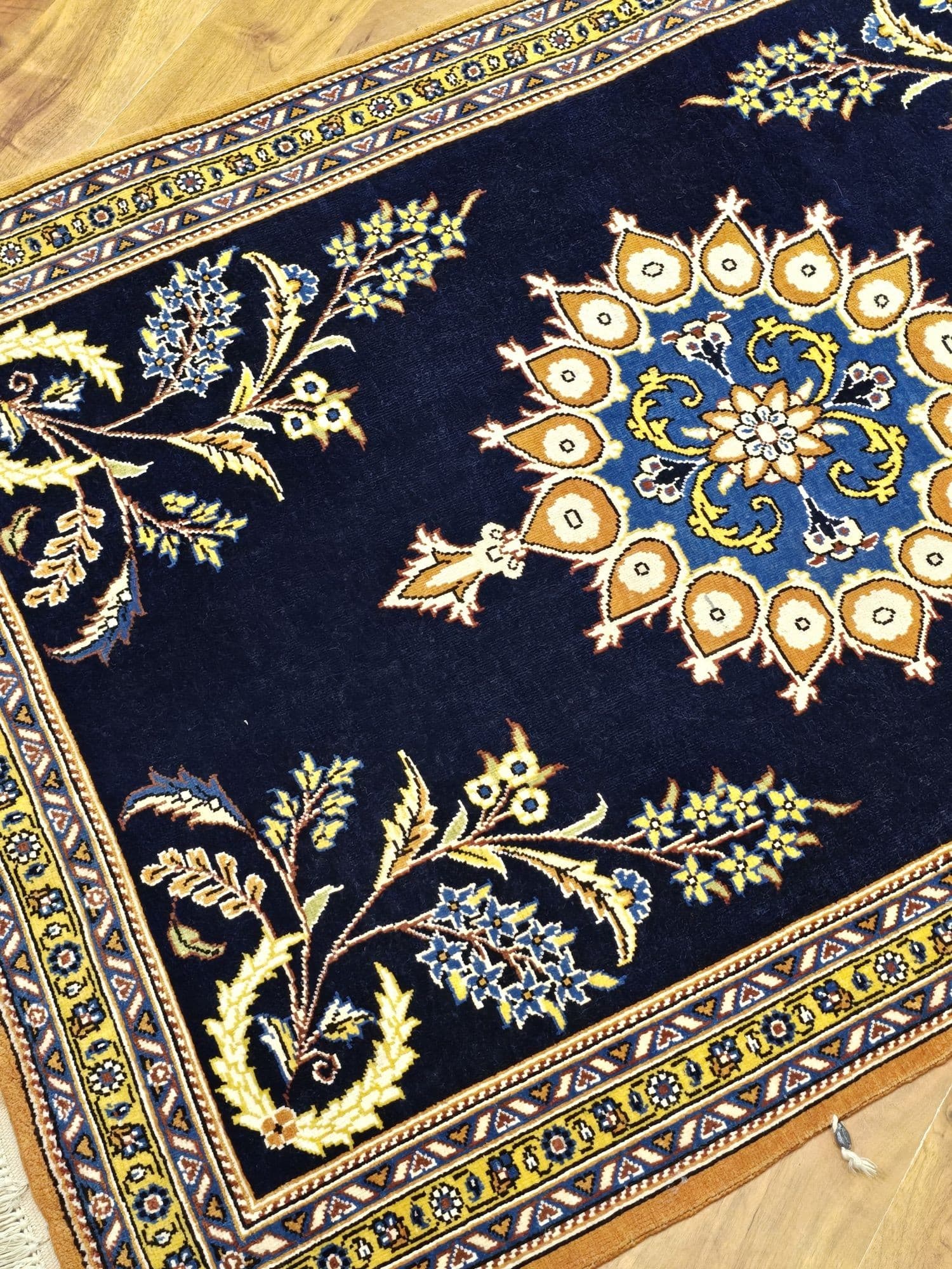 Dywan Qom 78x125 cm, niebieski złoty, wełna, Iran - 396940