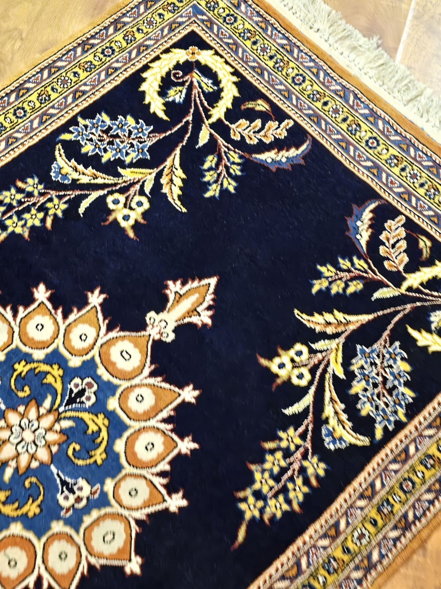 Dywan Qom 78x125 cm, niebieski złoty, wełna, Iran - 396943