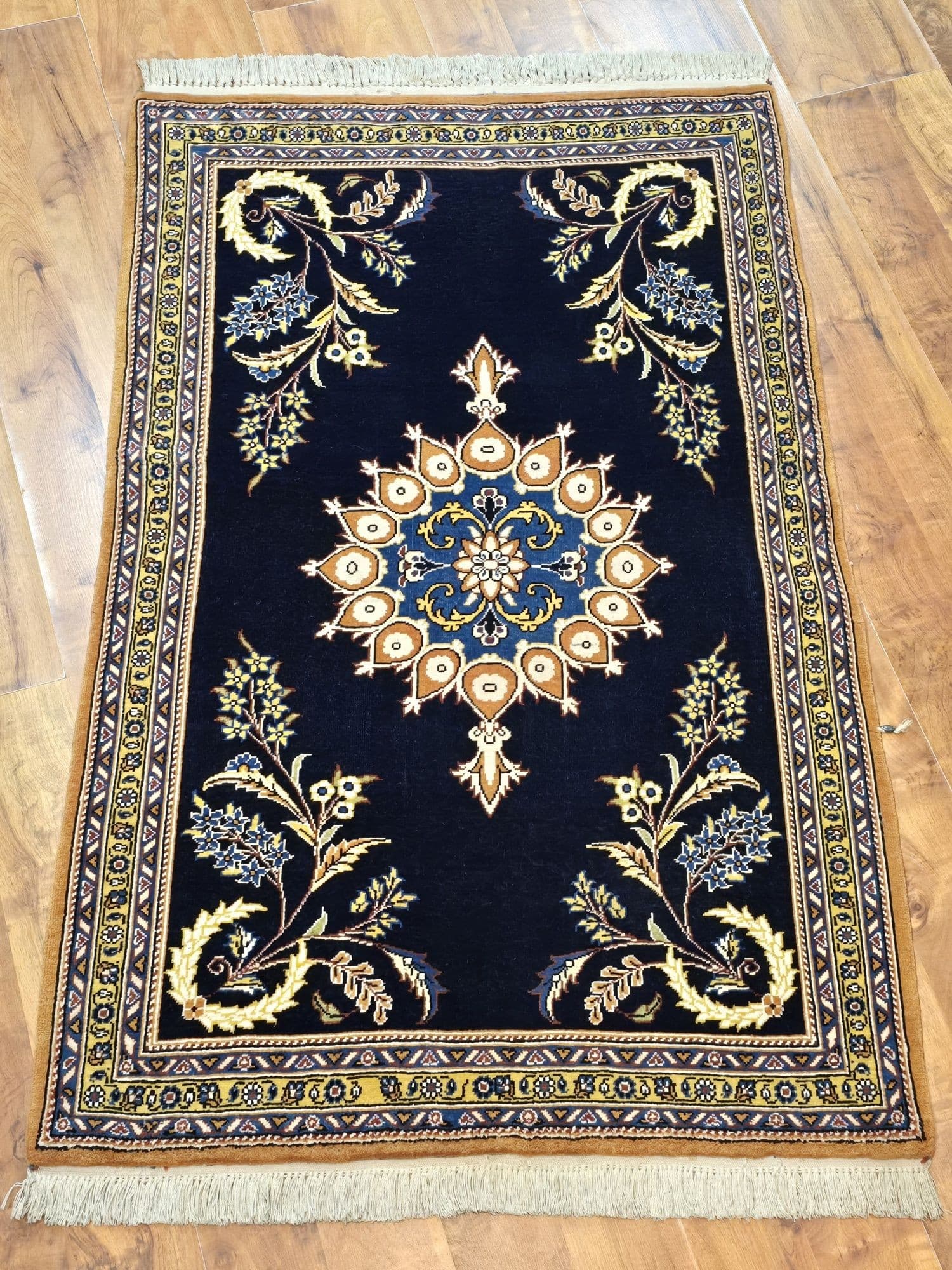Dywan Qom 78x125 cm, niebieski złoty, wełna, Iran - 396945