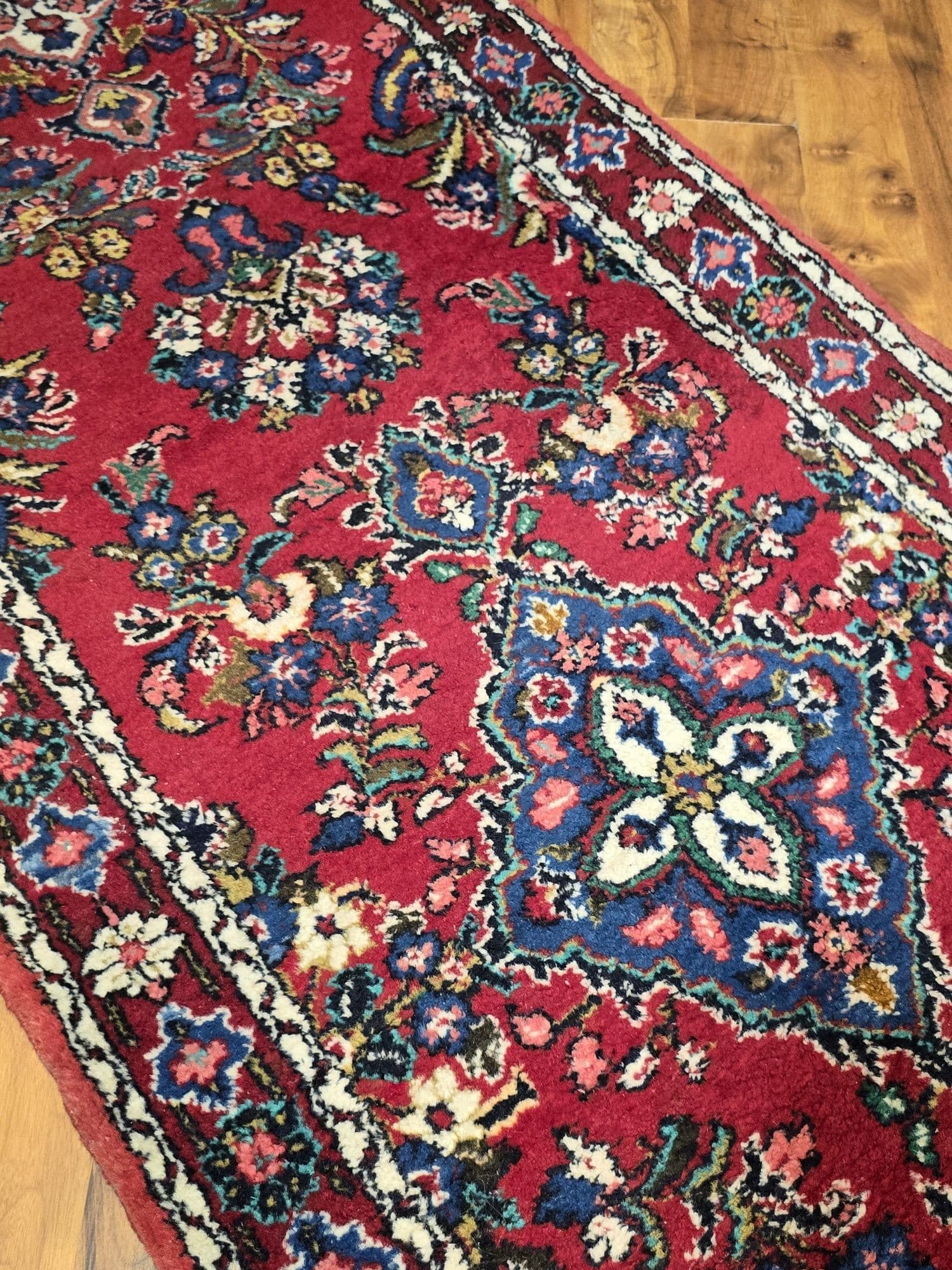 Chodnik Hamadan 400x86, czerwony niebieski biały żółty zielony, wełna, Iran - 396949