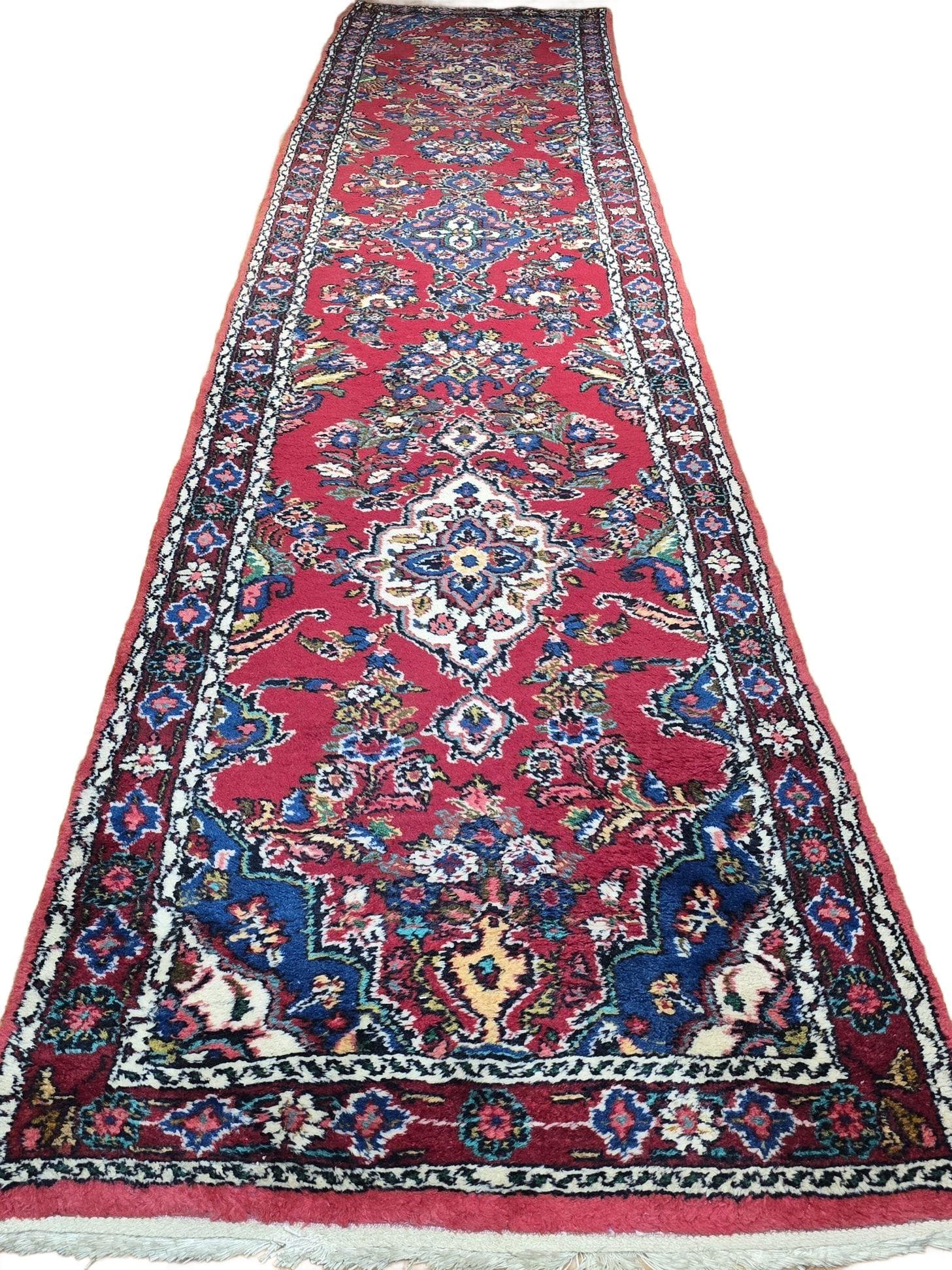 Chodnik Hamadan 400x86, czerwony niebieski biały żółty zielony, wełna, Iran