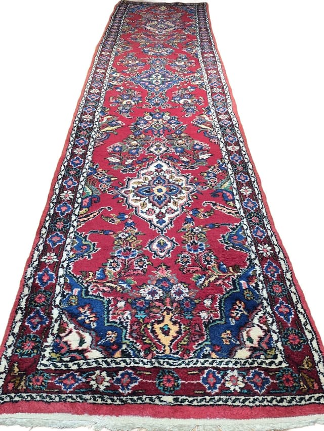 Chodnik Hamadan 400x86, czerwony niebieski biały żółty zielony, wełna, Iran - WYMIARY
