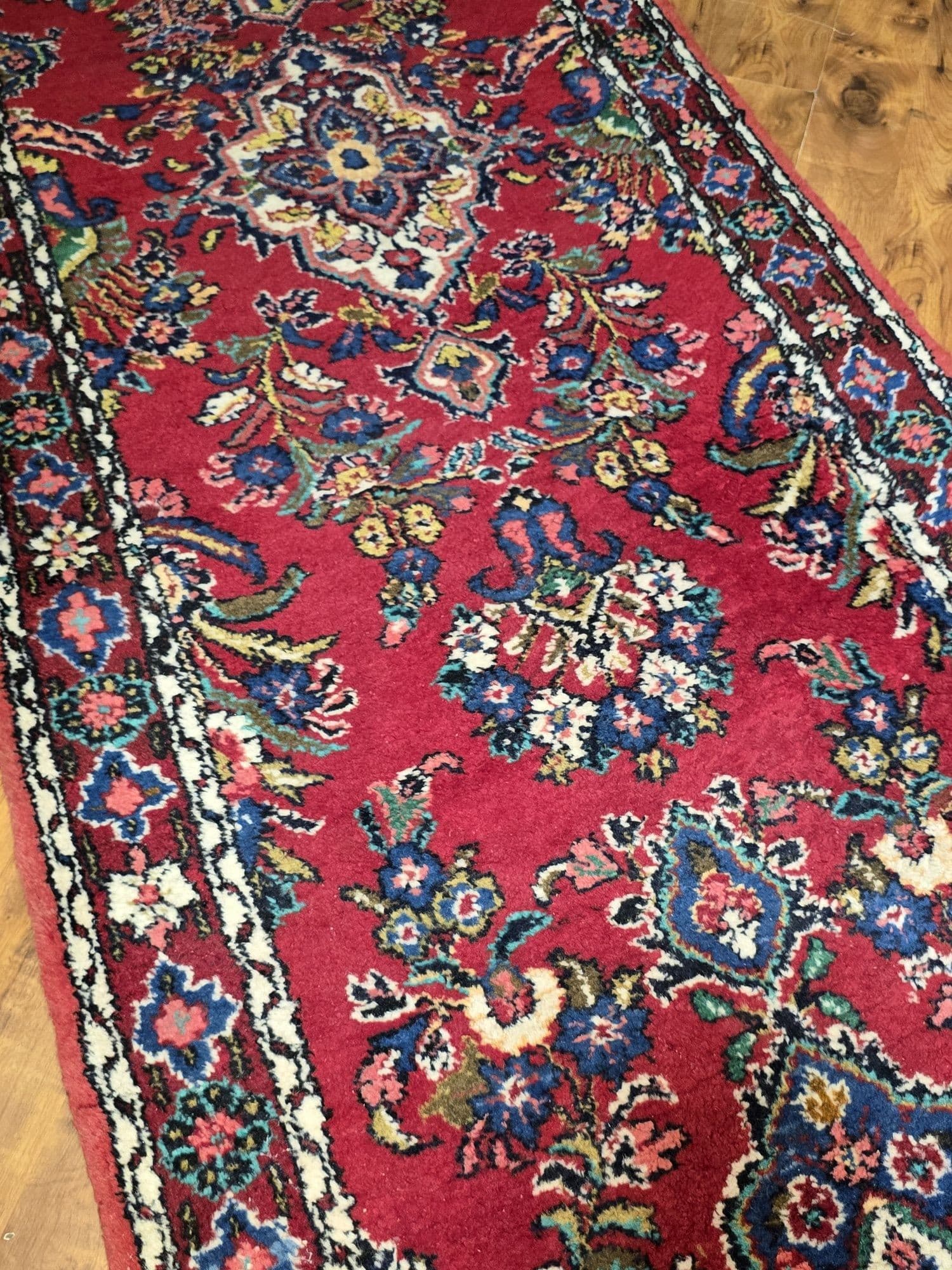 Chodnik Hamadan 400x86, czerwony niebieski biały żółty zielony, wełna, Iran - 396950