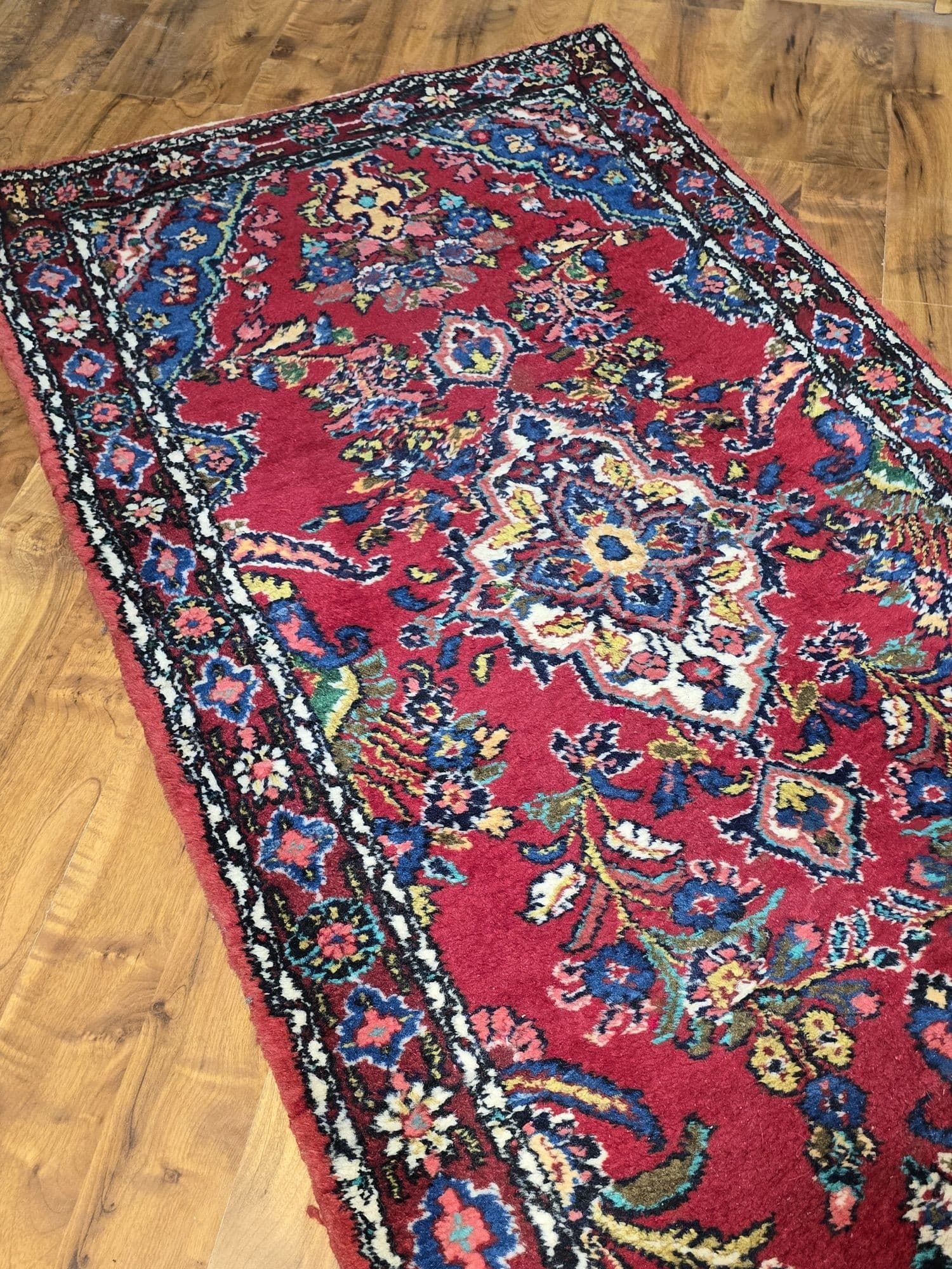 Chodnik Hamadan 400x86, czerwony niebieski biały żółty zielony, wełna, Iran - 396947