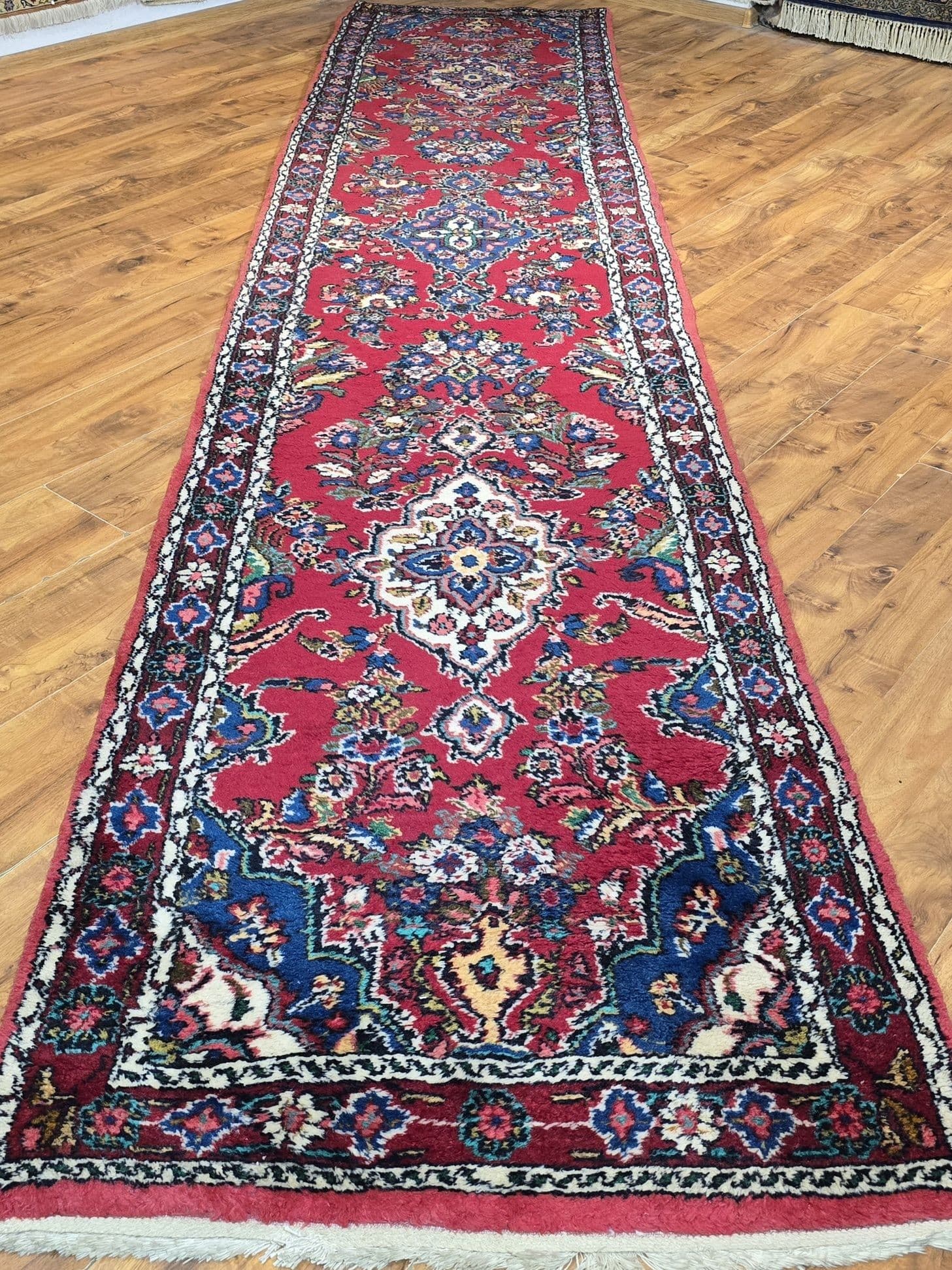 Chodnik Hamadan 400x86, czerwony niebieski biały żółty zielony, wełna, Iran - 396954