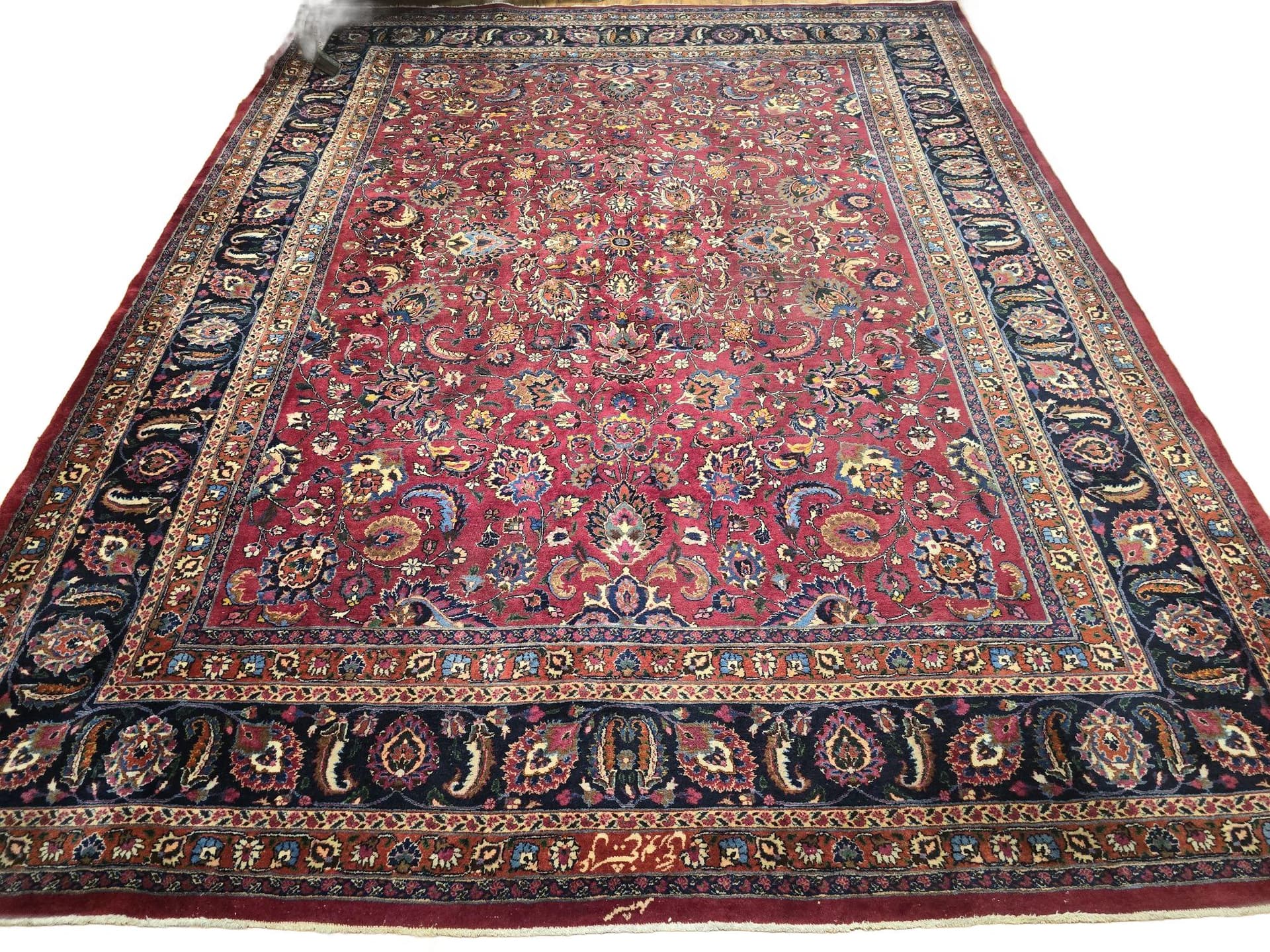 Dywan Meshed, 300x390 cm, czerwony niebieski, wełna, Iran, lata 40.