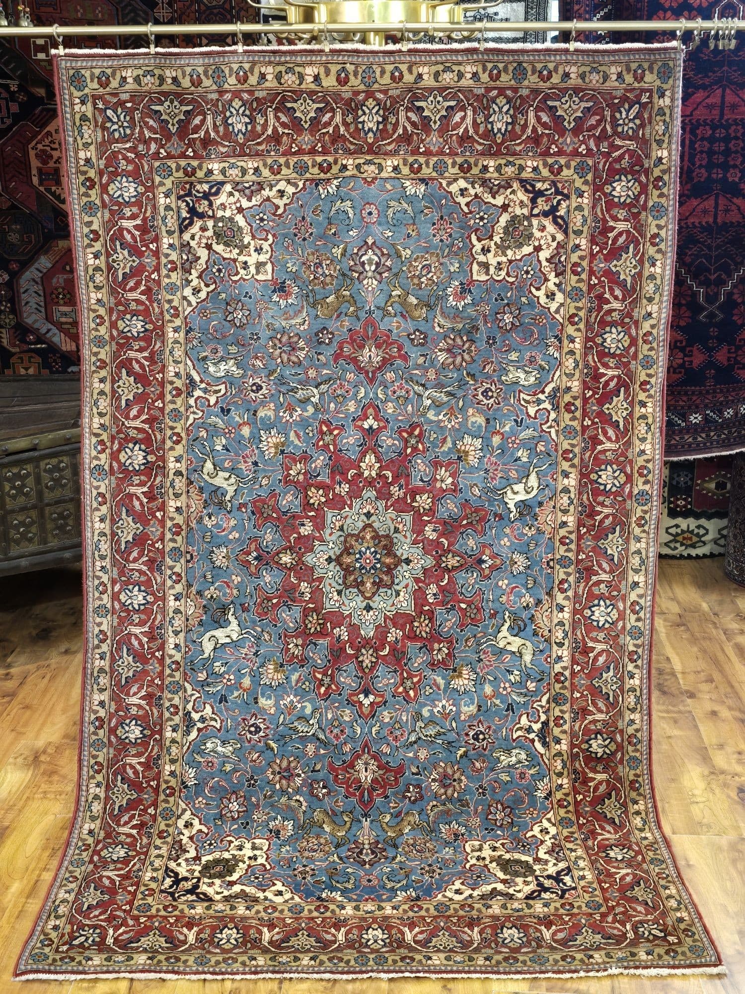 Dywan Isfahan 133x220 cm, niebieski czerwony, wełna jedwab, Iran, lata 50. - 397027