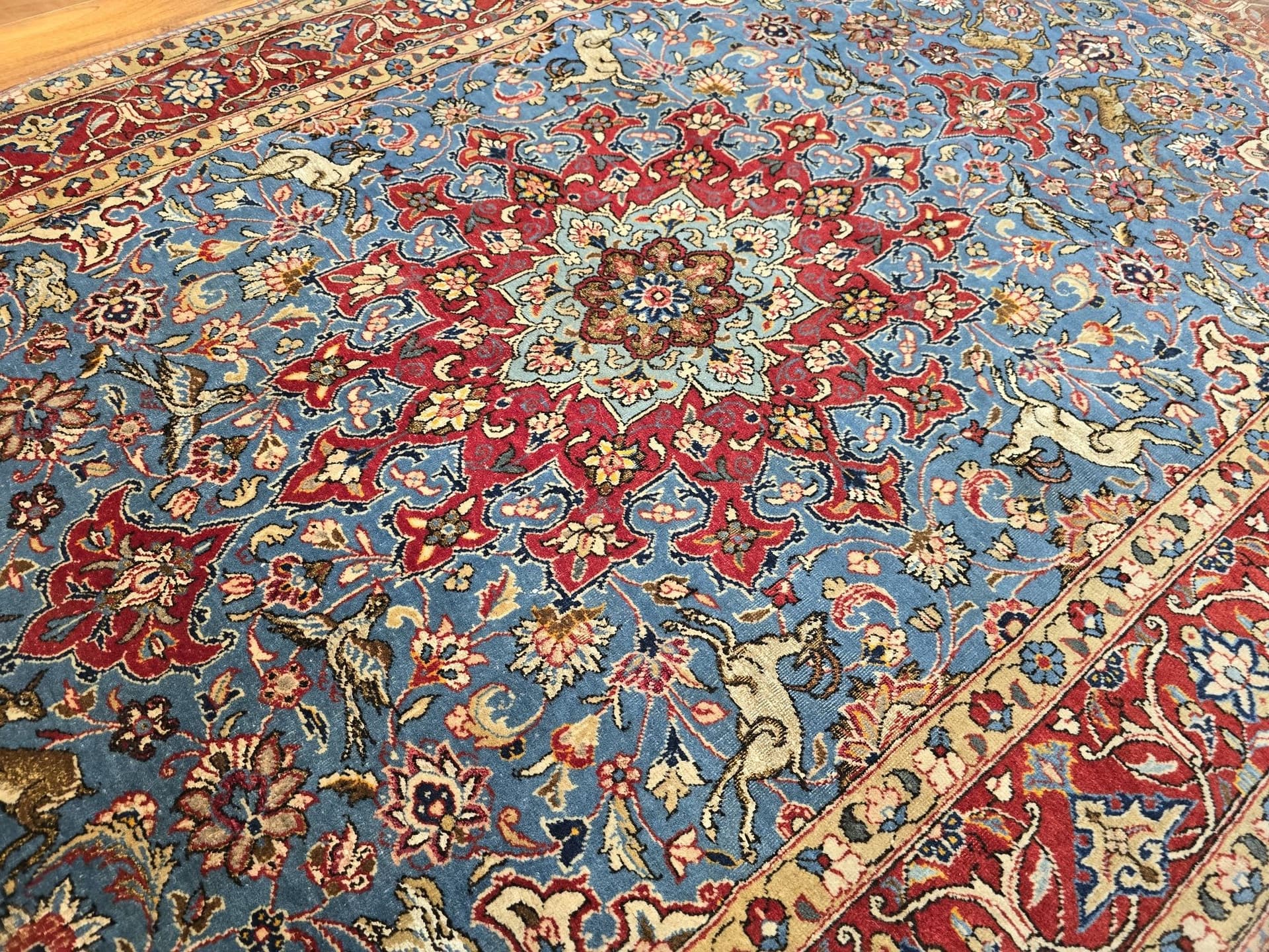 Dywan Isfahan 133x220 cm, niebieski czerwony, wełna jedwab, Iran, lata 50. - 397025