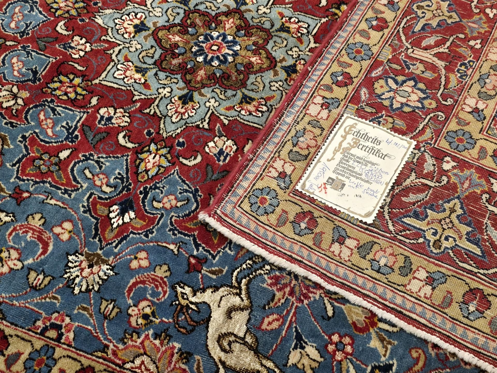 Dywan Isfahan 133x220 cm, niebieski czerwony, wełna jedwab, Iran, lata 50. - 397024