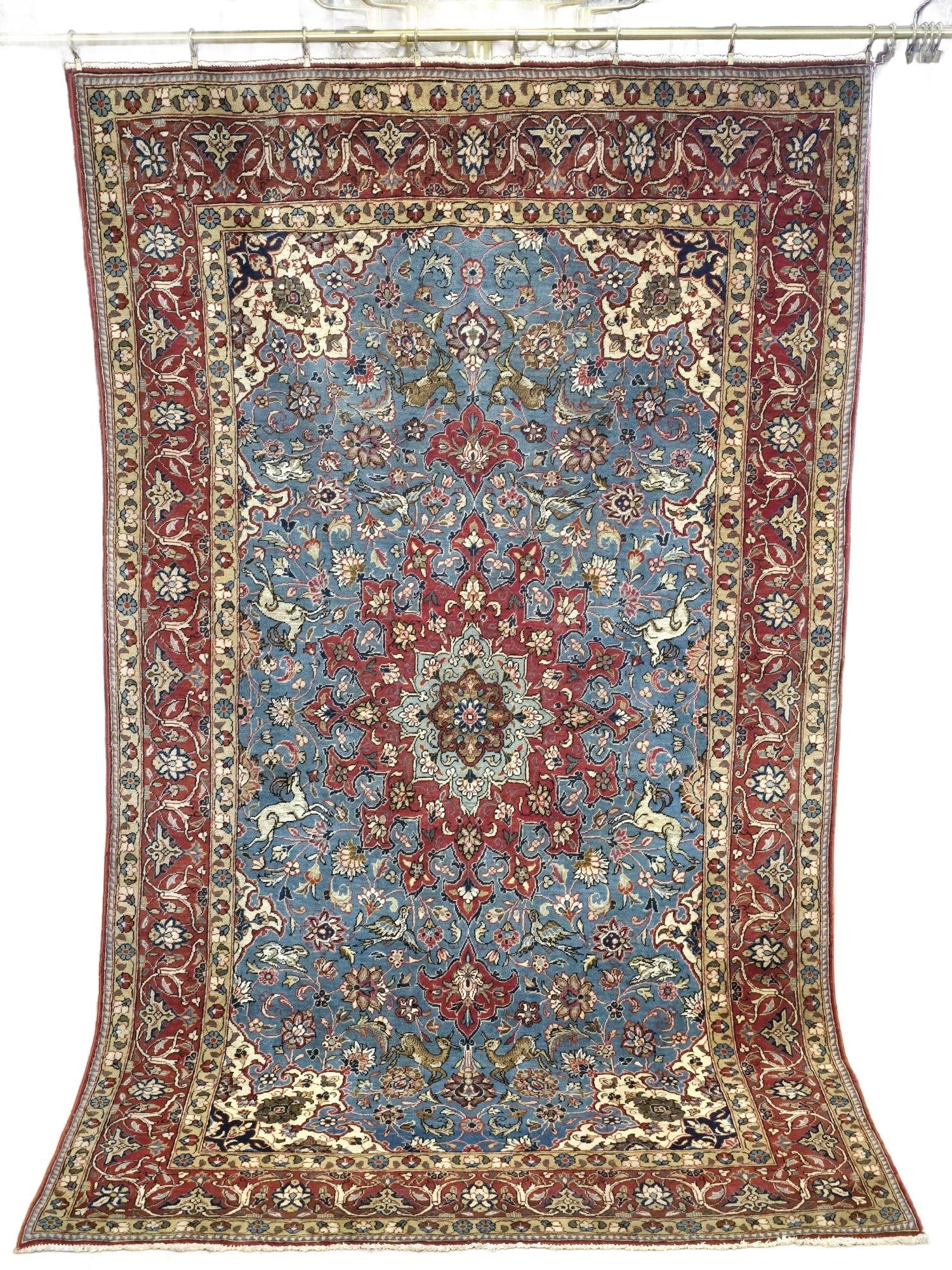 Dywan Isfahan 133x220 cm, niebieski czerwony, wełna jedwab, Iran, lata 50.