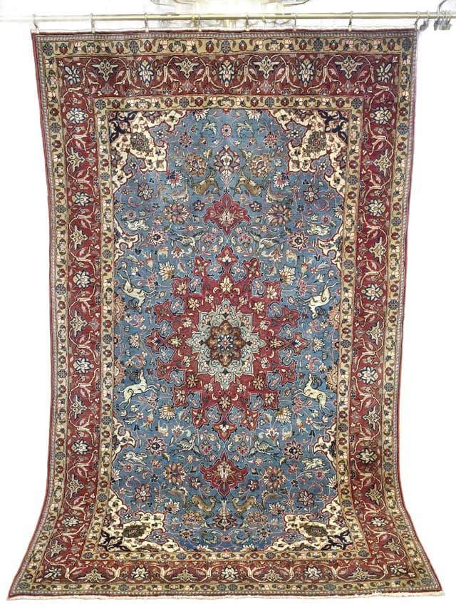 Dywan Isfahan 133x220 cm, niebieski czerwony, wełna jedwab, Iran, lata 50. - WYMIARY