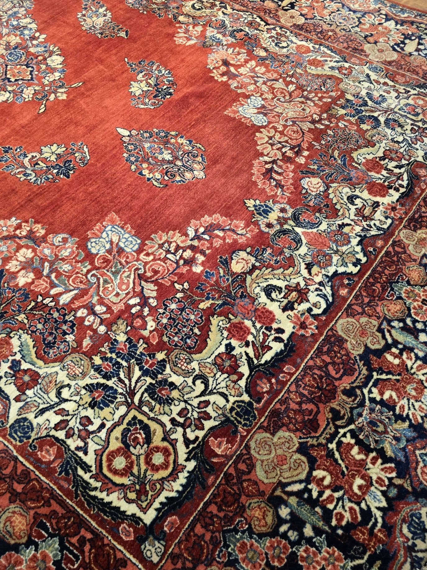 Dywan perski Sarough Mahal 535x315 cm, czerwony niebieski biały żółty zielony różowy, wełna, Iran, lata 30. - 397032