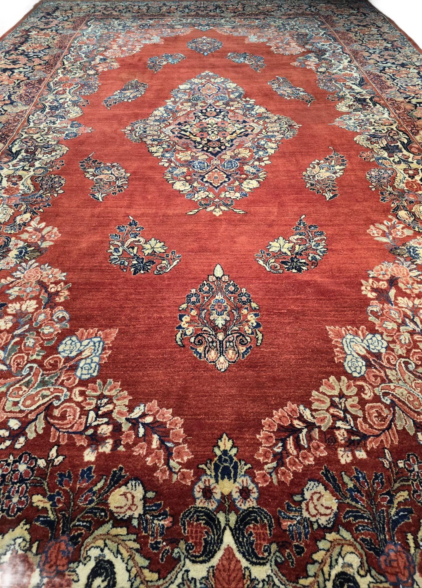 Dywan perski Sarough Mahal 535x315 cm, czerwony niebieski biały żółty zielony różowy, wełna, Iran, lata 30.