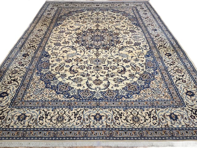 Dywan Nain 9 la, 260x370 cm, beżowy niebieski szary czerwony, wełna jedwab, Iran, początek XX w. - WYMIARY