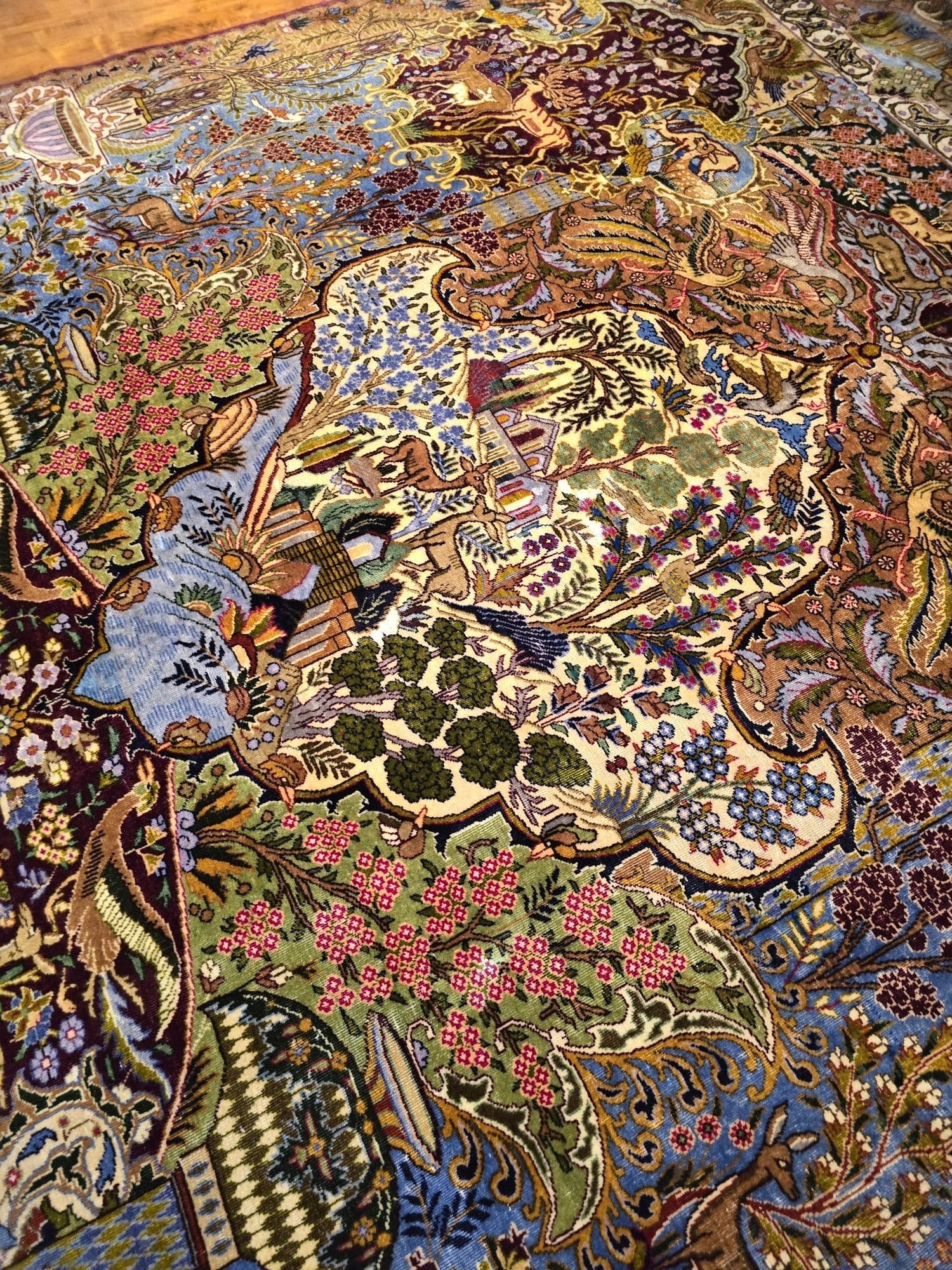 Dywan Kashmar Zirkhaki 300x390 cm, niebieski czerwony zielony złoty biały różowy, wełna bawełna, Iran, lata 40. - 397058
