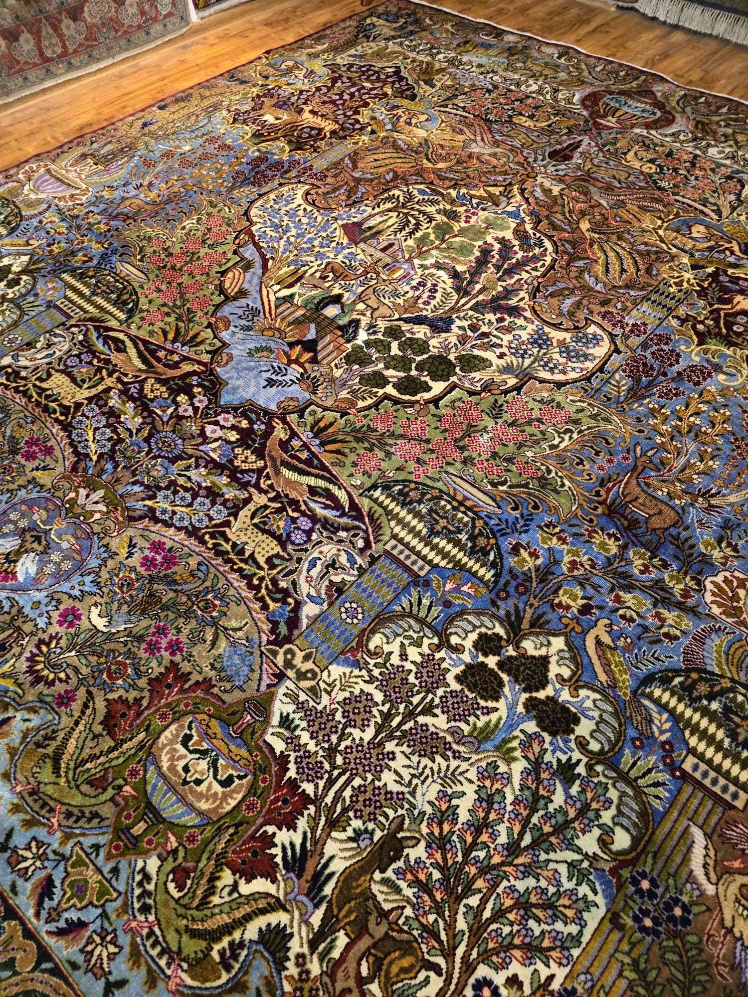 Dywan Kashmar Zirkhaki 300x390 cm, niebieski czerwony zielony złoty biały różowy, wełna bawełna, Iran, lata 40. - 397056