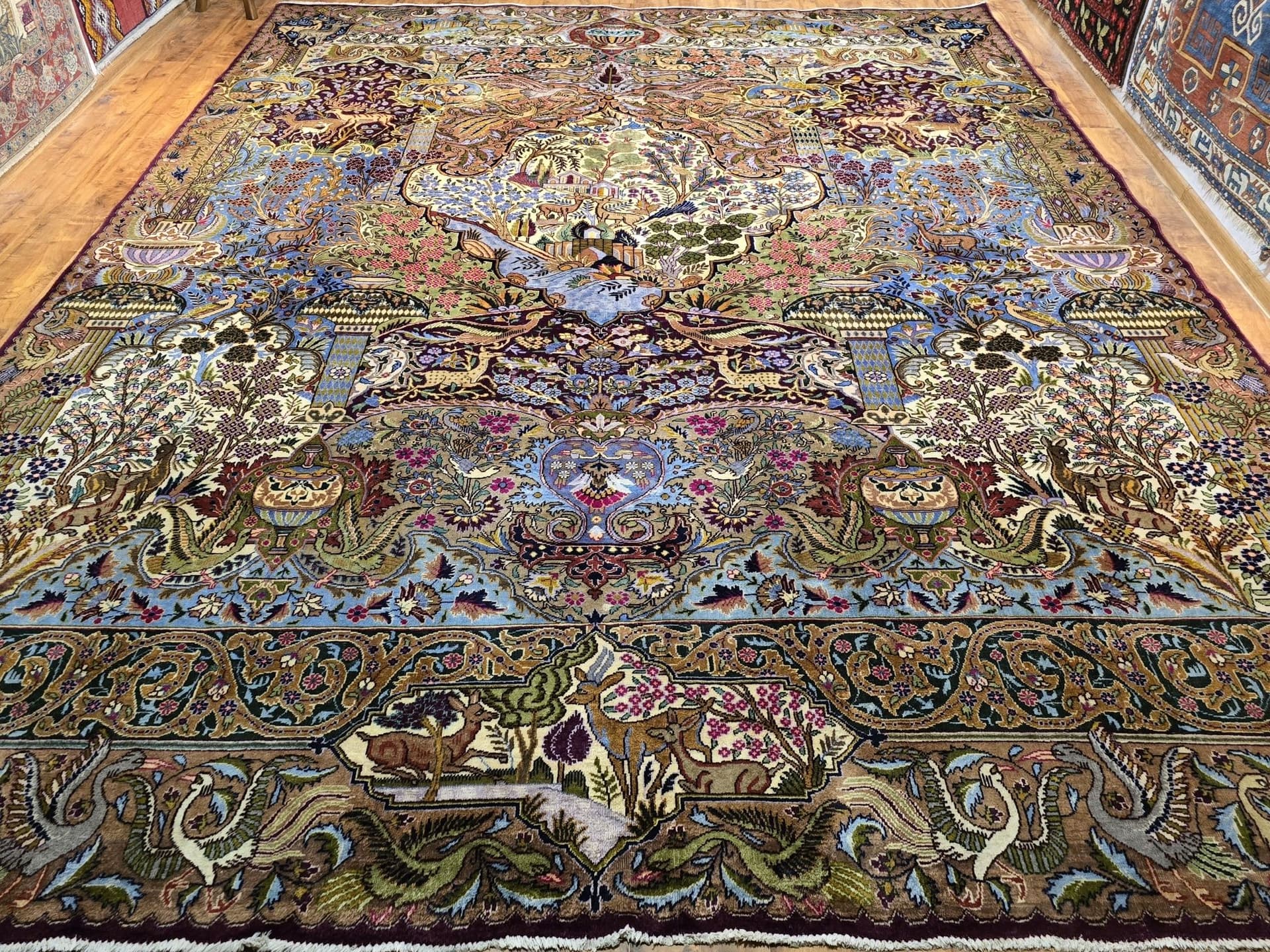 Dywan Kashmar Zirkhaki 300x390 cm, niebieski czerwony zielony złoty biały różowy, wełna bawełna, Iran, lata 40. - 397063