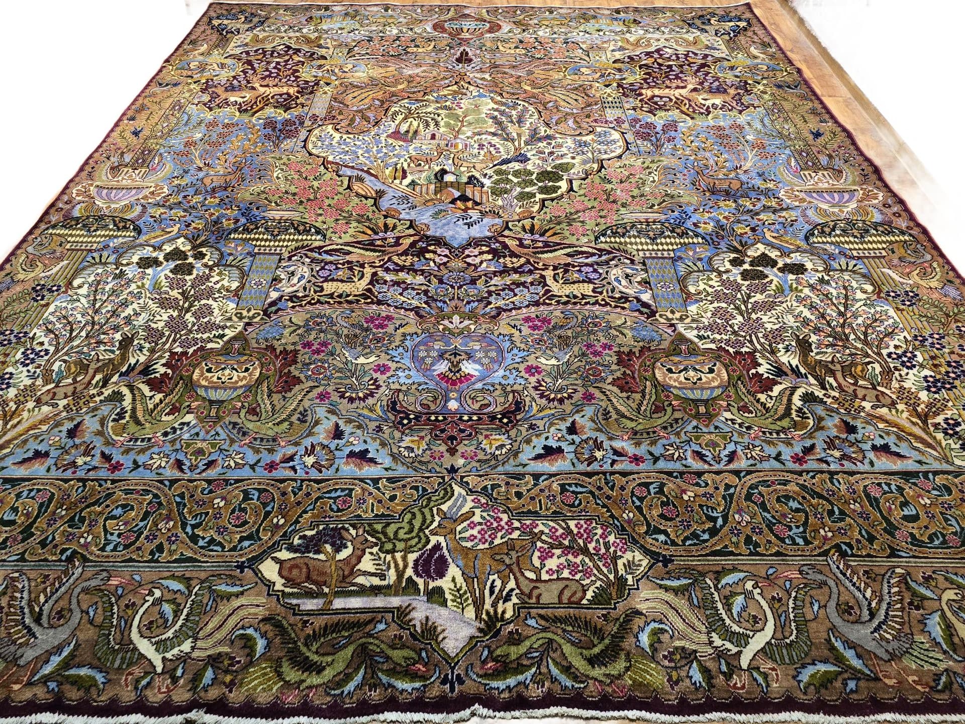 Dywan Kashmar Zirkhaki 300x390 cm, niebieski czerwony zielony złoty biały różowy, wełna bawełna, Iran, lata 40.