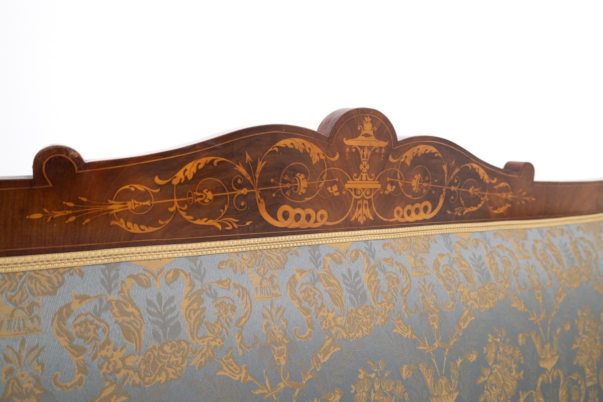 Sofa intarsjowana, orzech włoski brązowy, tkanina niebieska złota, Francja, XIX w. - 397105