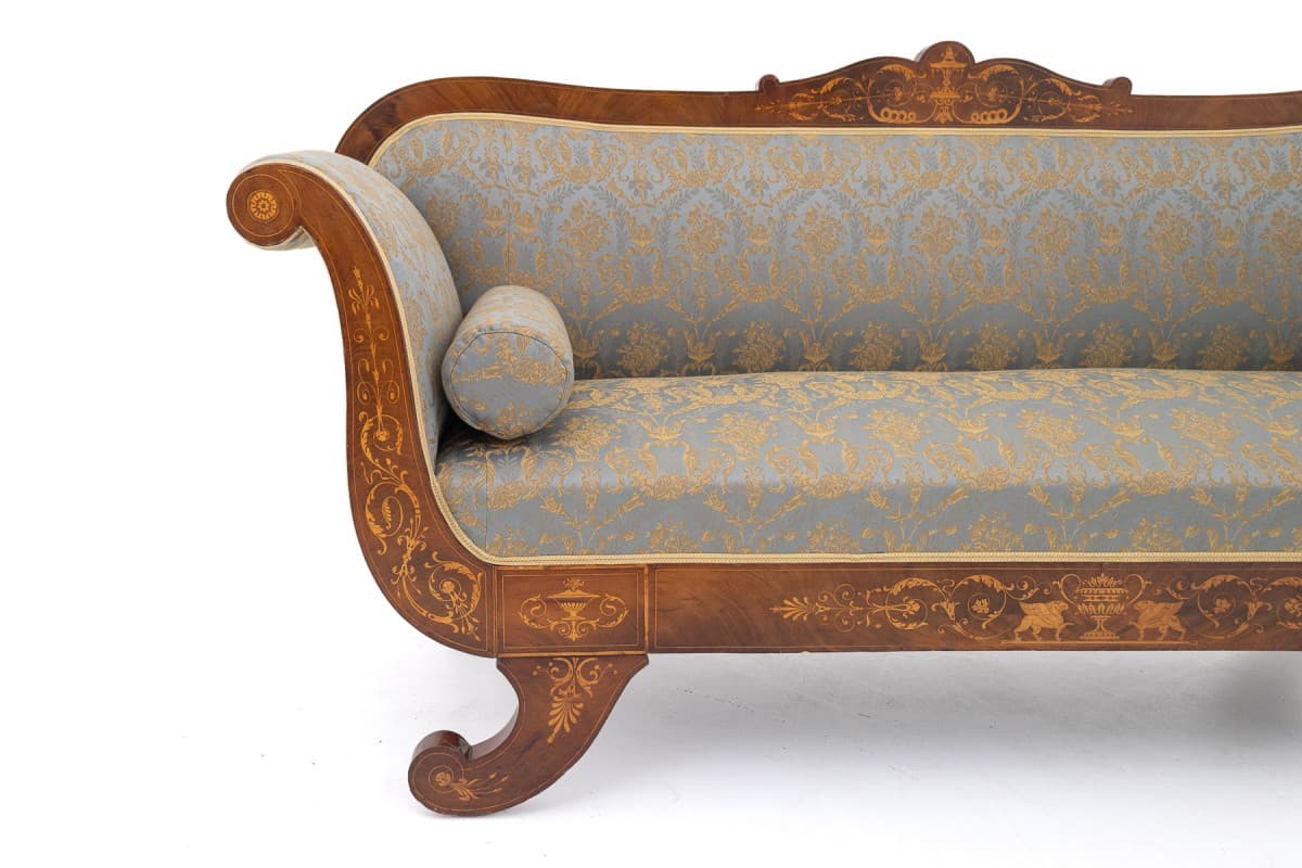 Sofa intarsjowana, orzech włoski brązowy, tkanina niebieska złota, Francja, XIX w. - 397104
