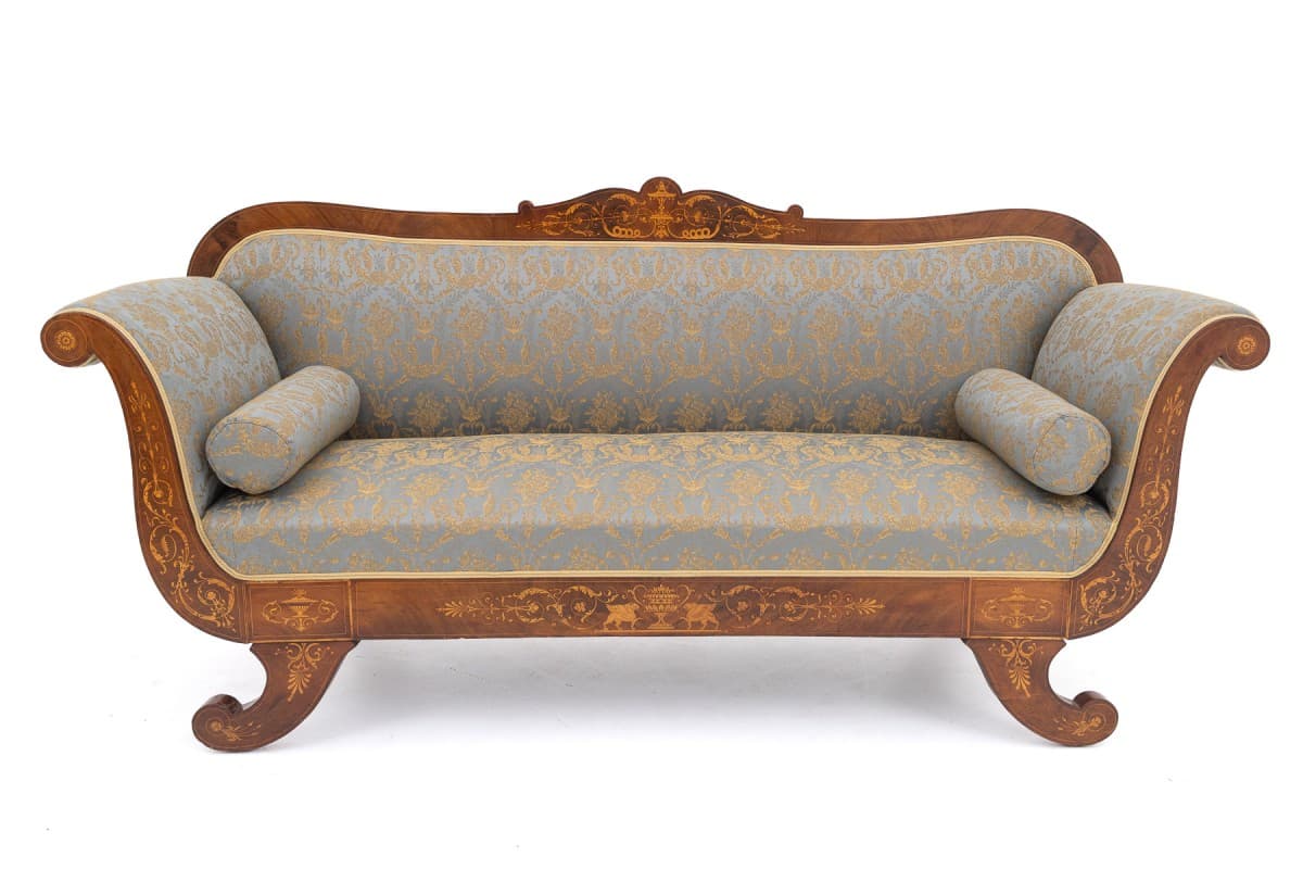Sofa intarsjowana, orzech włoski brązowy, tkanina niebieska złota, Francja, XIX w.