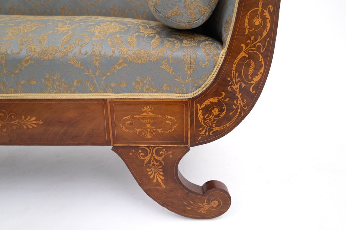 Sofa intarsjowana, orzech włoski brązowy, tkanina niebieska złota, Francja, XIX w. - 397106