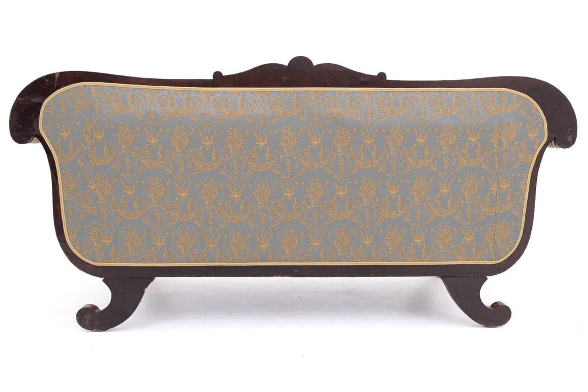 Sofa intarsjowana, orzech włoski brązowy, tkanina niebieska złota, Francja, XIX w. - 397108