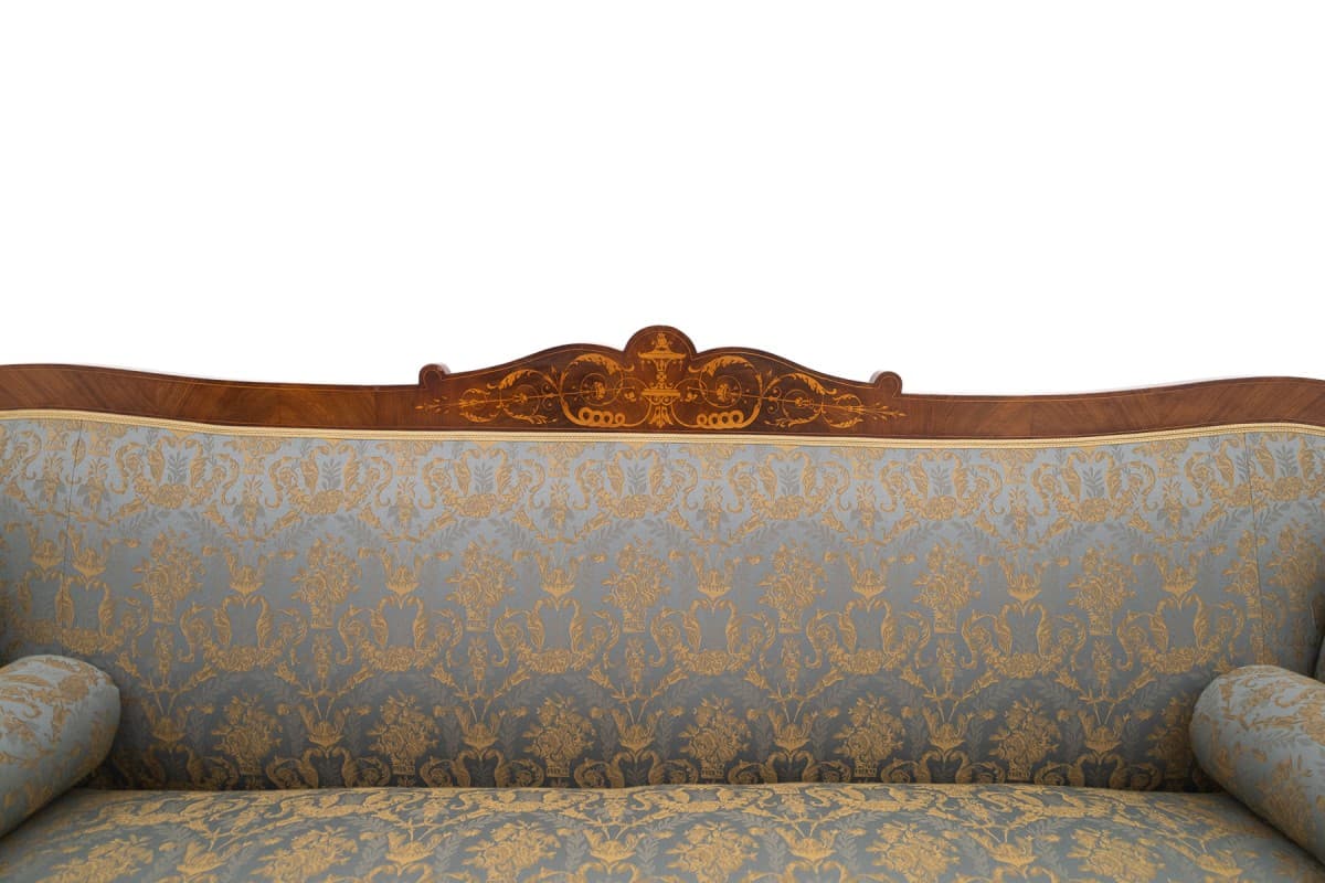Sofa intarsjowana, orzech włoski brązowy, tkanina niebieska złota, Francja, XIX w. - 397102