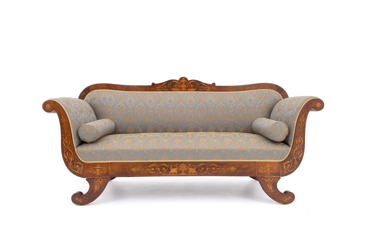 Sofa intarsjowana, orzech włoski brązowy, tkanina niebieska złota, Francja, XIX w. - 397103
