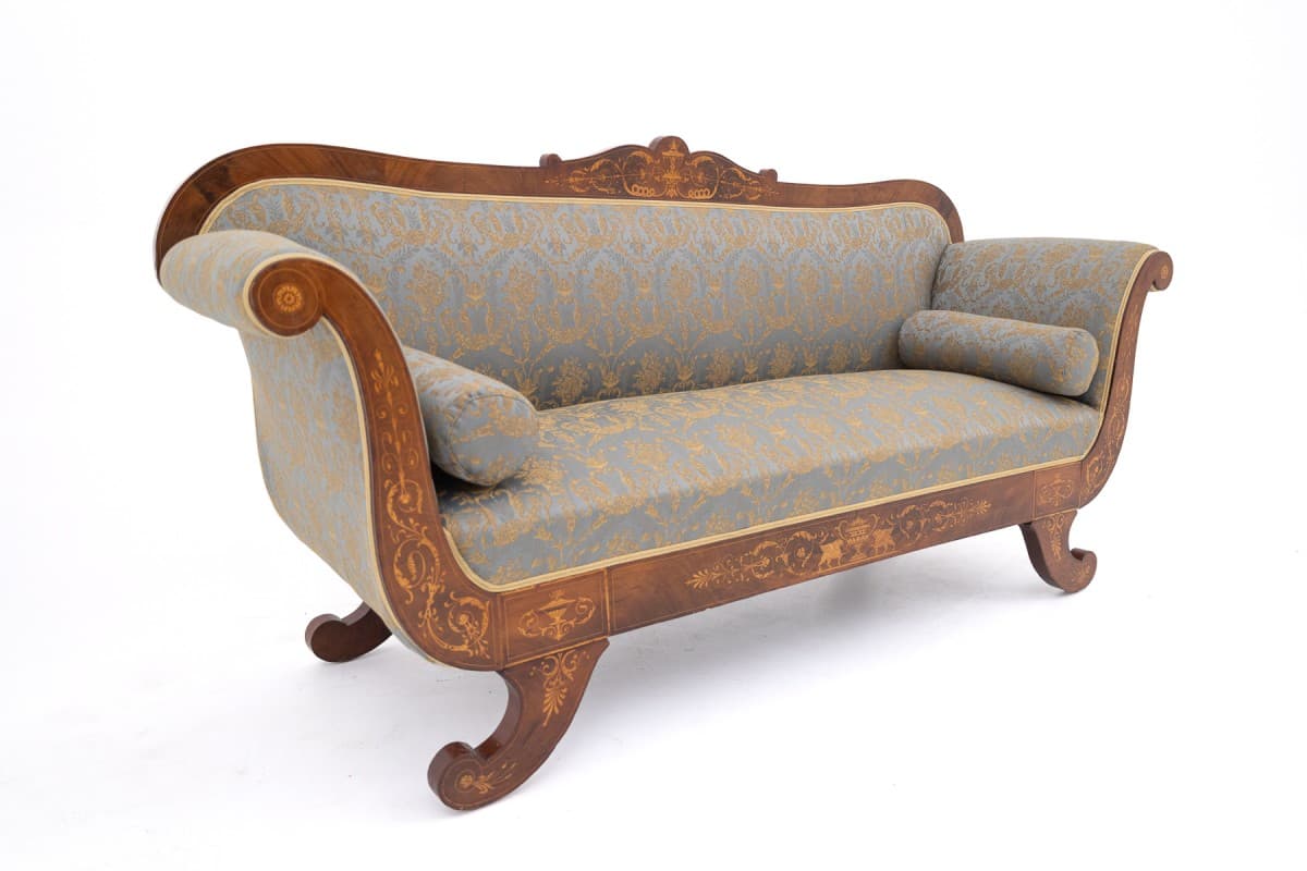 Sofa intarsjowana, orzech włoski brązowy, tkanina niebieska złota, Francja, XIX w. - 397107