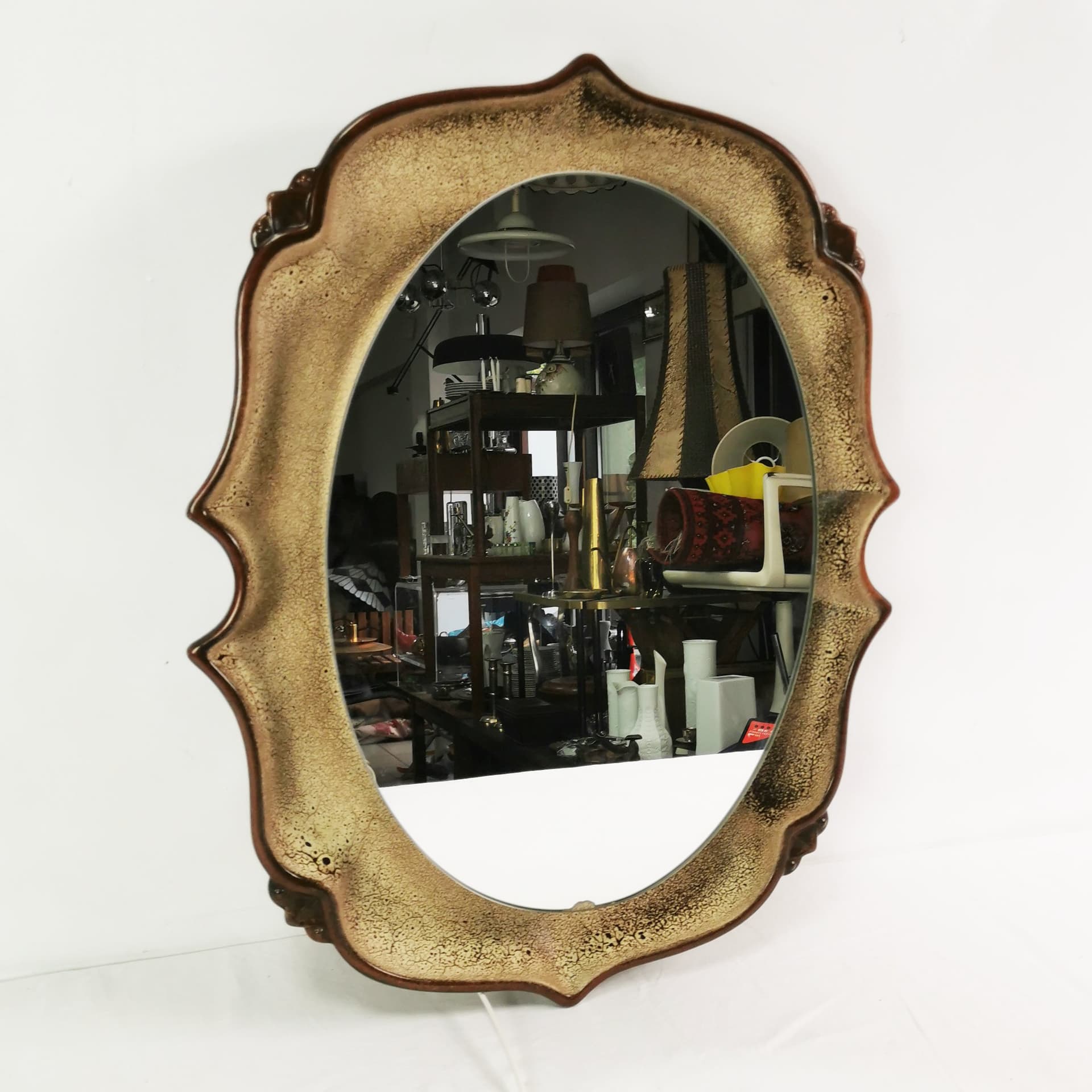 Wall mirror, beige brown ceramic, Pan Keramik, Germany, 1970s - 397215