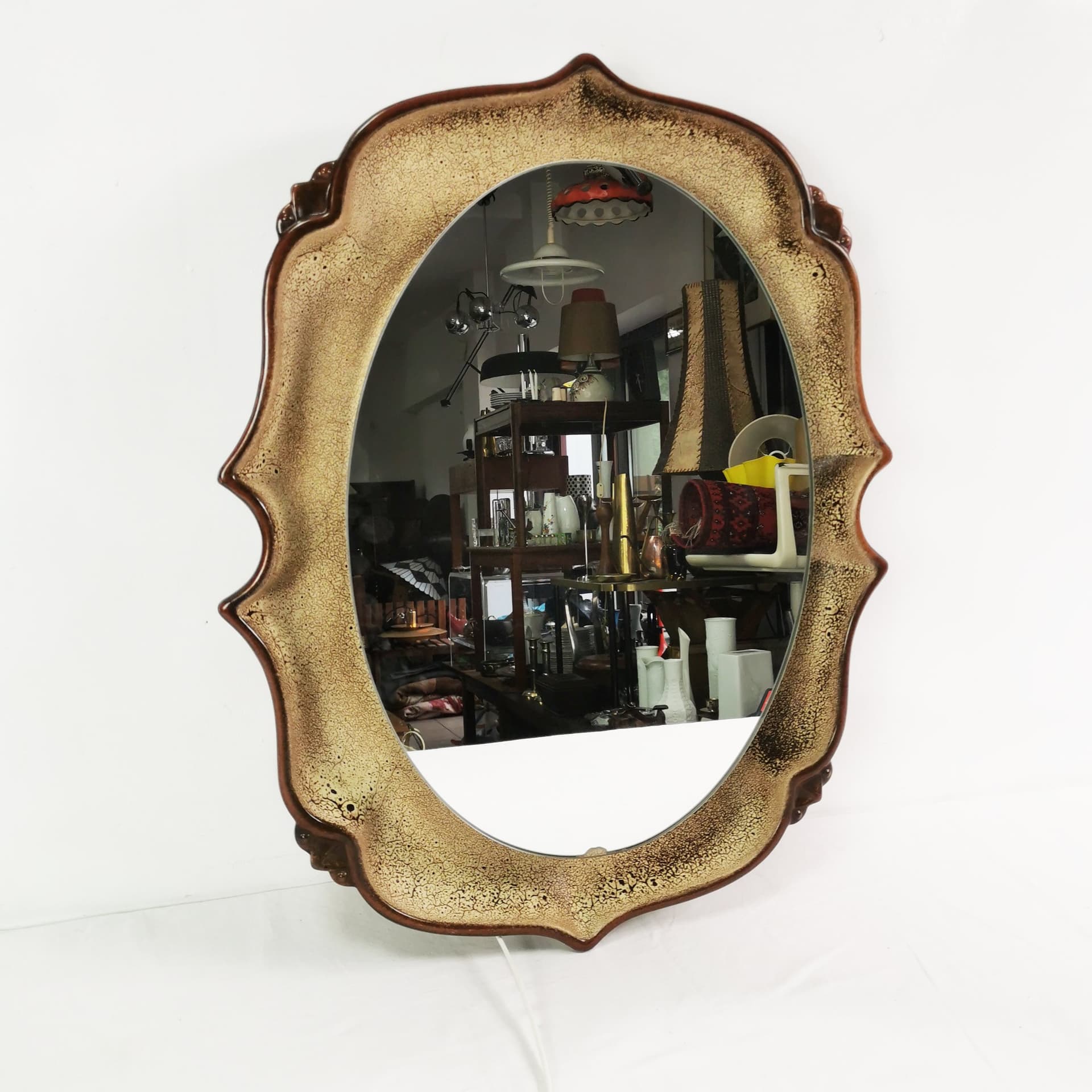 Wall mirror, beige brown ceramic, Pan Keramik, Germany, 1970s - 397203