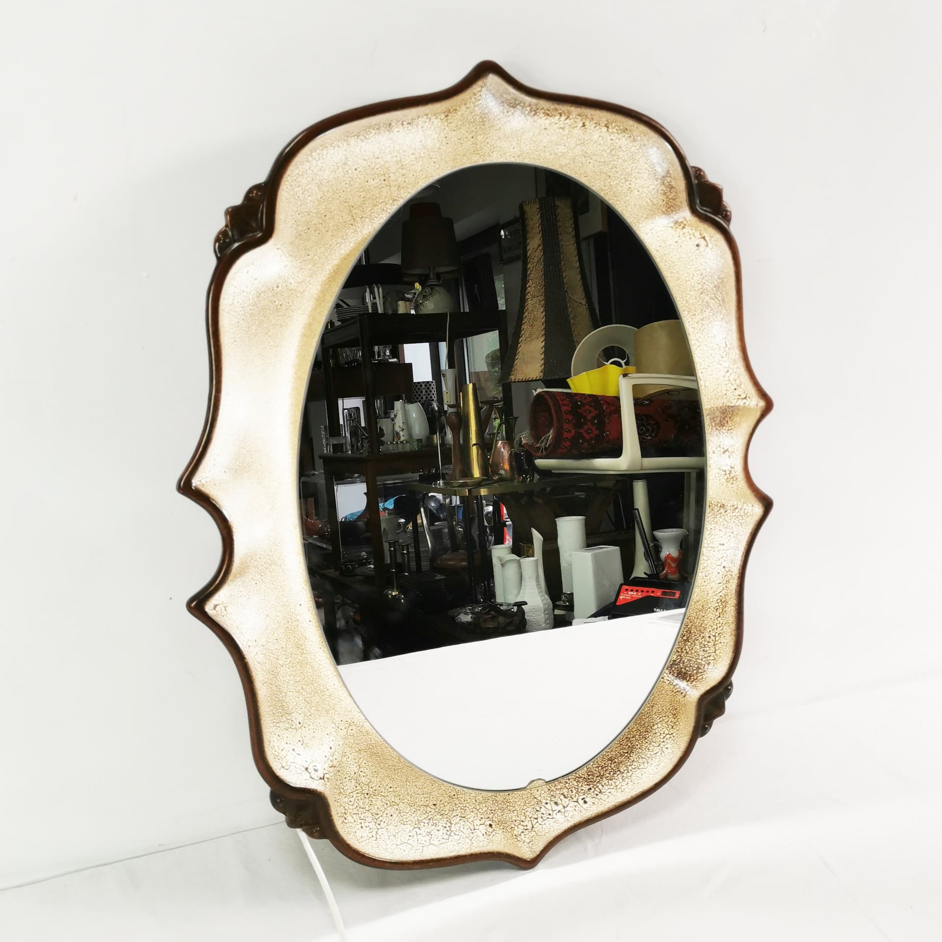 Wall mirror, beige brown ceramic, Pan Keramik, Germany, 1970s - 397204