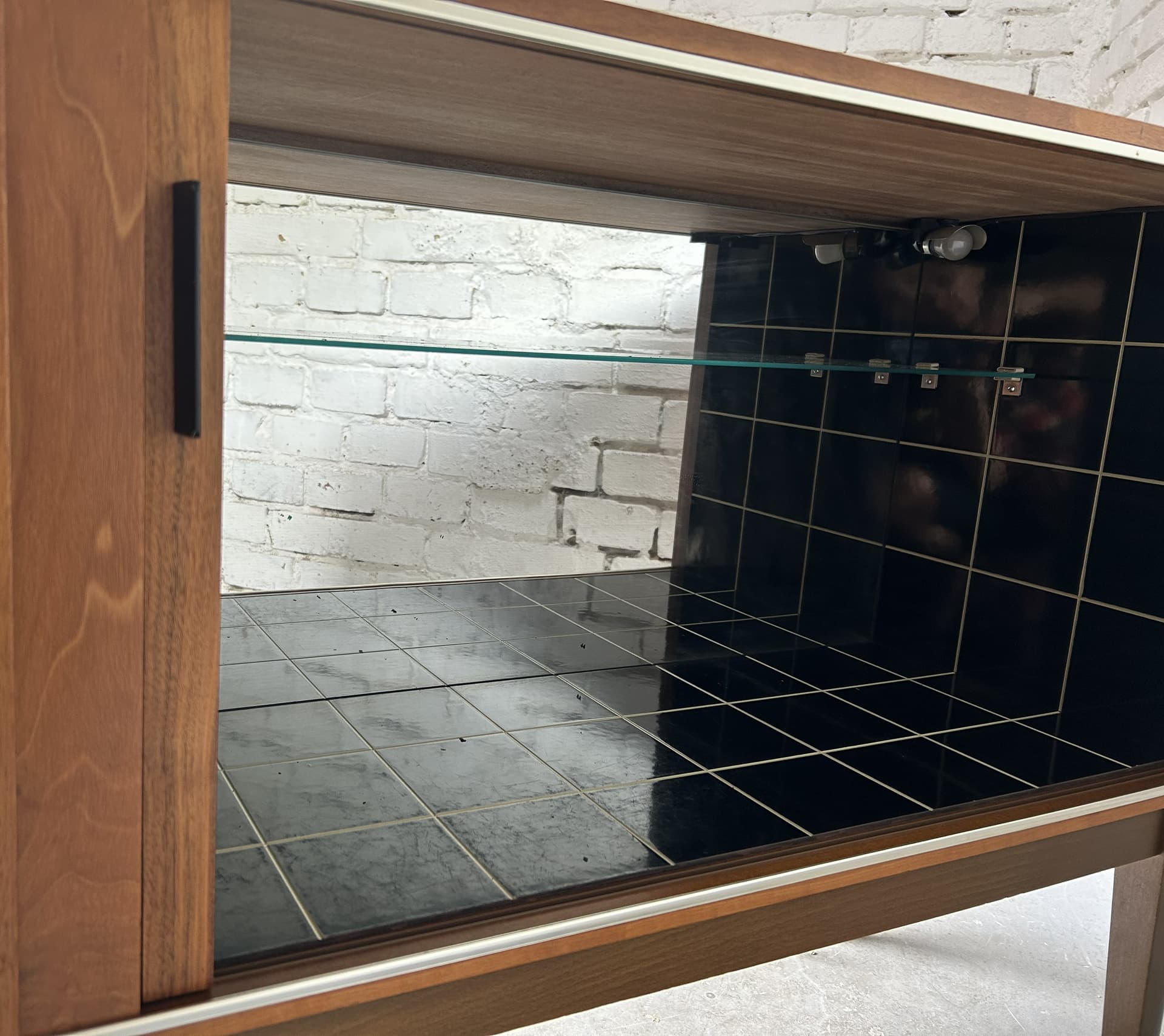 Bar cabinet, brown wood, black metal, 1950s - 397324