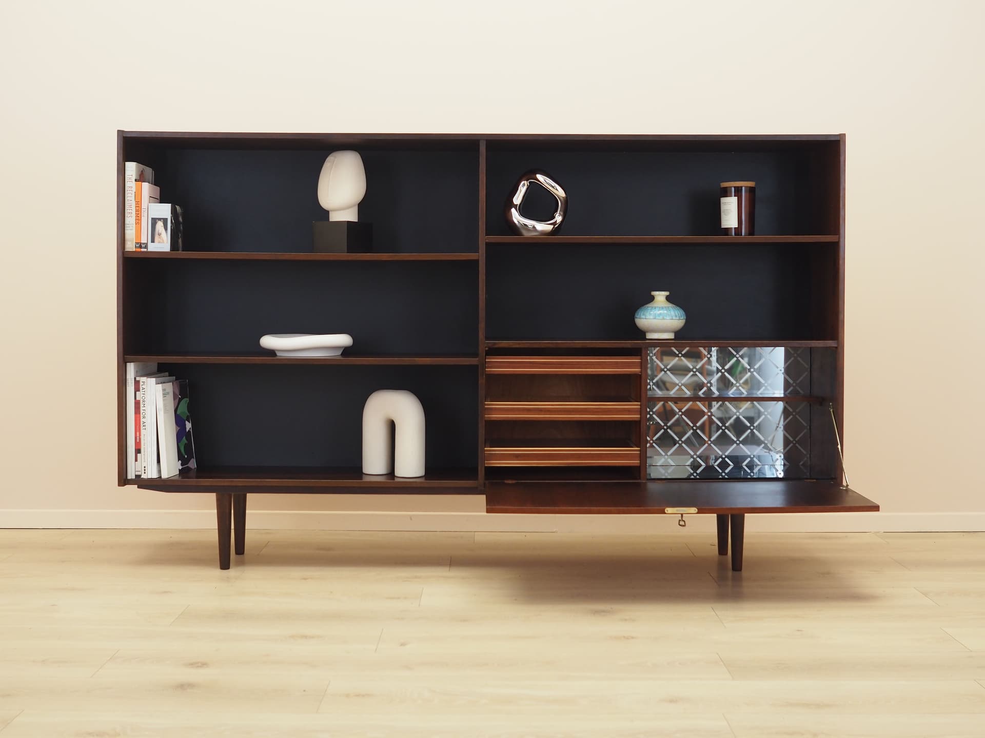Biblioteczka z barkiem, palisander brązowy, drewno czarne, Dania, lata 70. - 397414